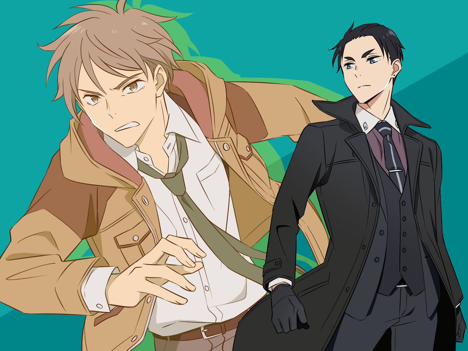the millionaire detective 桌布 壁紙 — 兩個動漫男人穿著對比鮮明的服裝站在藍綠色和綠色背景前，一個穿著棕褐色夾克，另一個穿著黑色西裝。