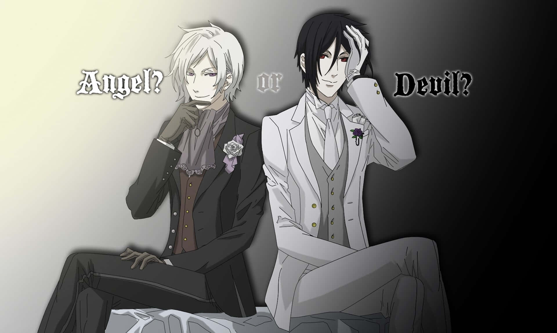 Black Butler 桌布 壁紙 — 兩個動漫男人穿著正式西裝並排坐著，一個標記為天使？另一個魔鬼？背景為漸變色。