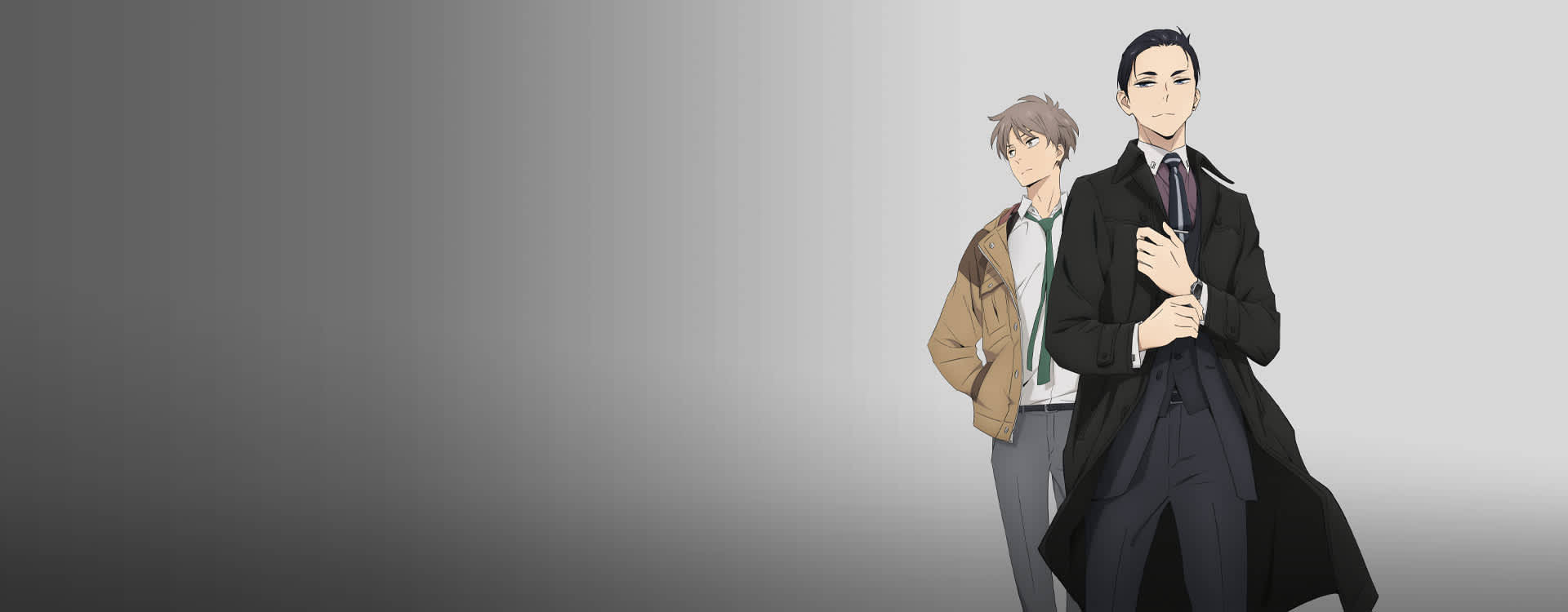 daisuke kambe 桌布 壁紙 — 兩個動漫男人站在灰色漸變背景前，一個穿著風衣，另一個穿著夾克。