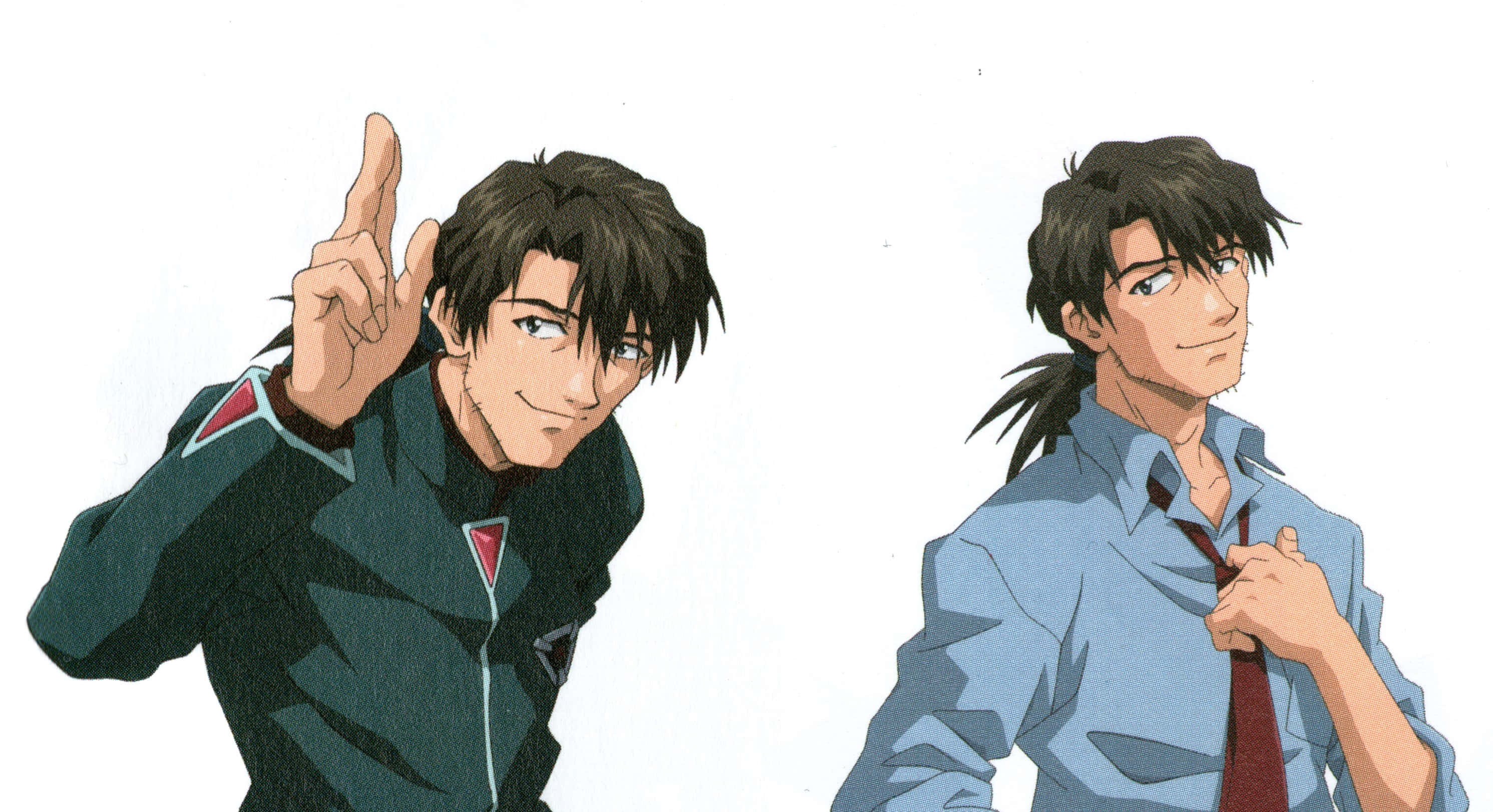 Ryoji Kaji 桌布 壁紙 — 兩個動漫男子，一個穿綠色外套指向上方，另一個穿藍色襯衫調整紅色領帶，背景為白色。