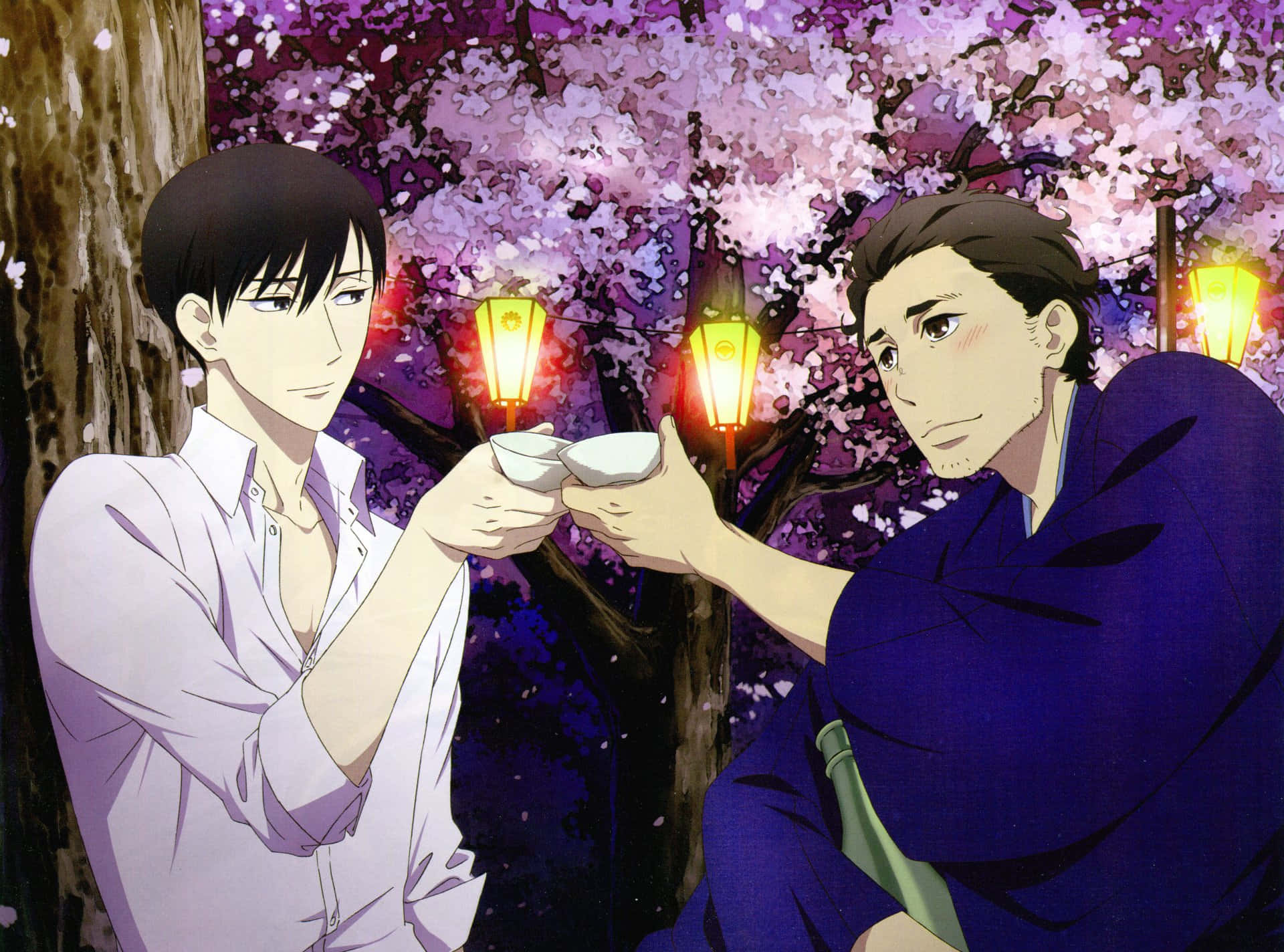 shouwa genroku rakugo shinjuu 桌布 壁紙 — 兩個動漫男子在夜晚粉紅櫻花樹冠下、發光燈籠下碰茶杯。