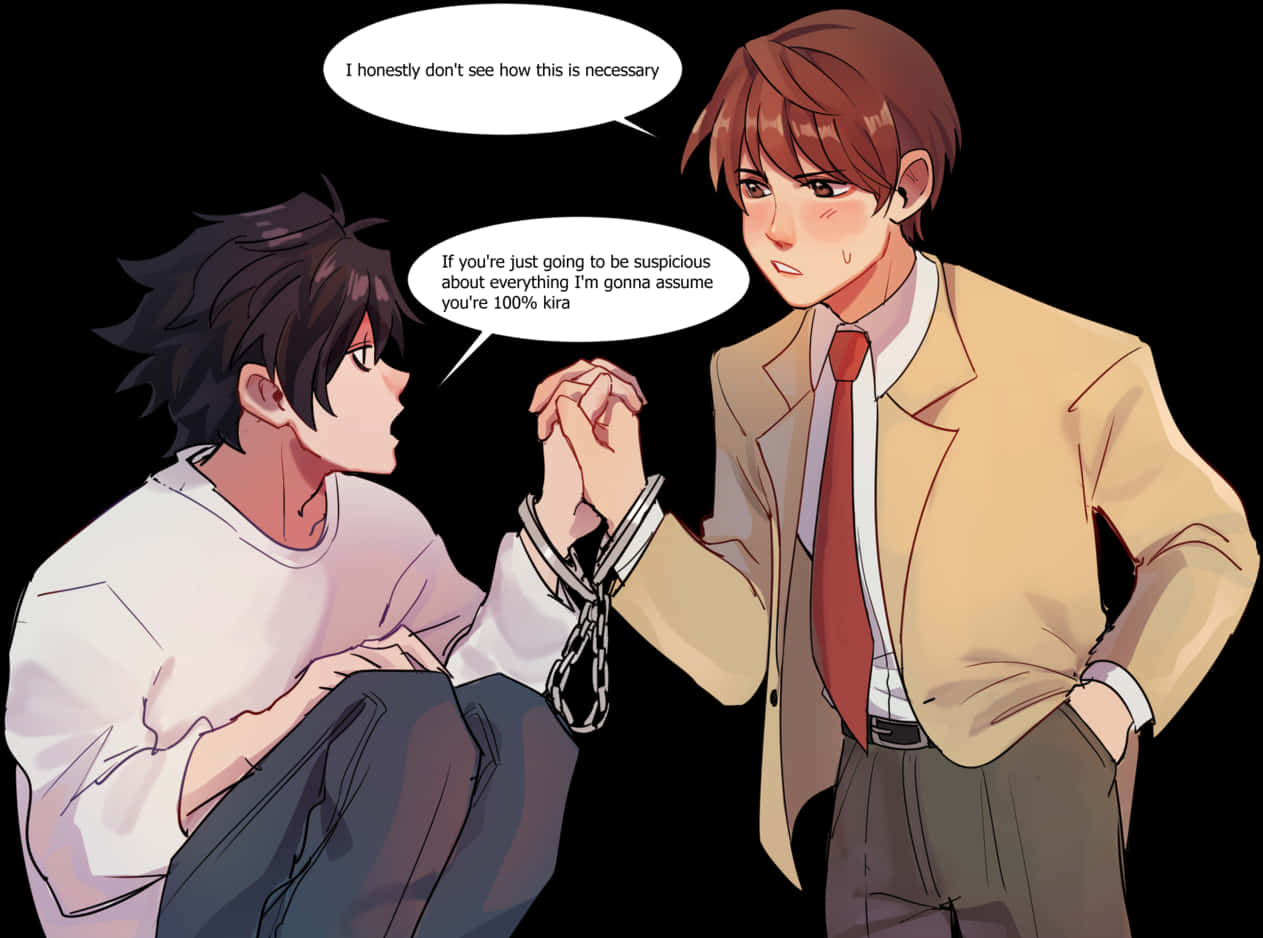 動漫 桌布 壁紙 — 兩個動漫男子在緊張對峙，一個被銬住跪著，另一個站著表情嚴肅，背景為黑色。
