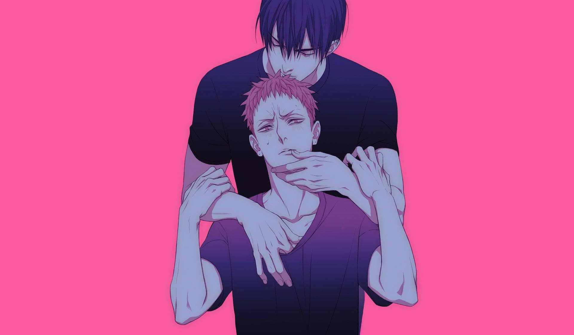 19 Days 桌布 壁紙 — 兩個動漫男子在鮮豔的粉紅色背景前緊張擁抱，其中一人捂住另一人的嘴。