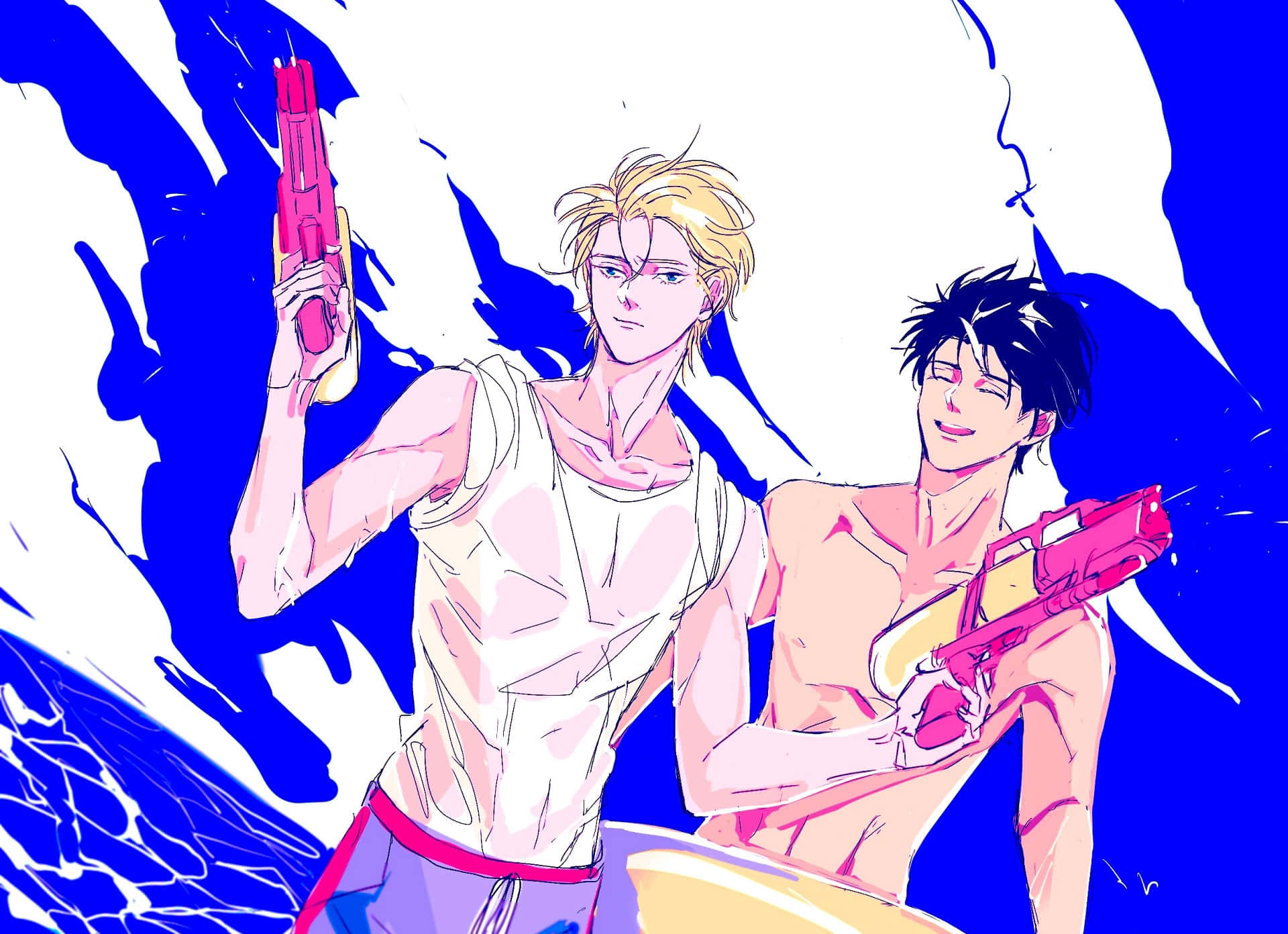 Banana Fish 桌布 壁紙 — 兩個動漫男子手持水槍，在醒目的藍白抽象背景前自信擺姿勢。