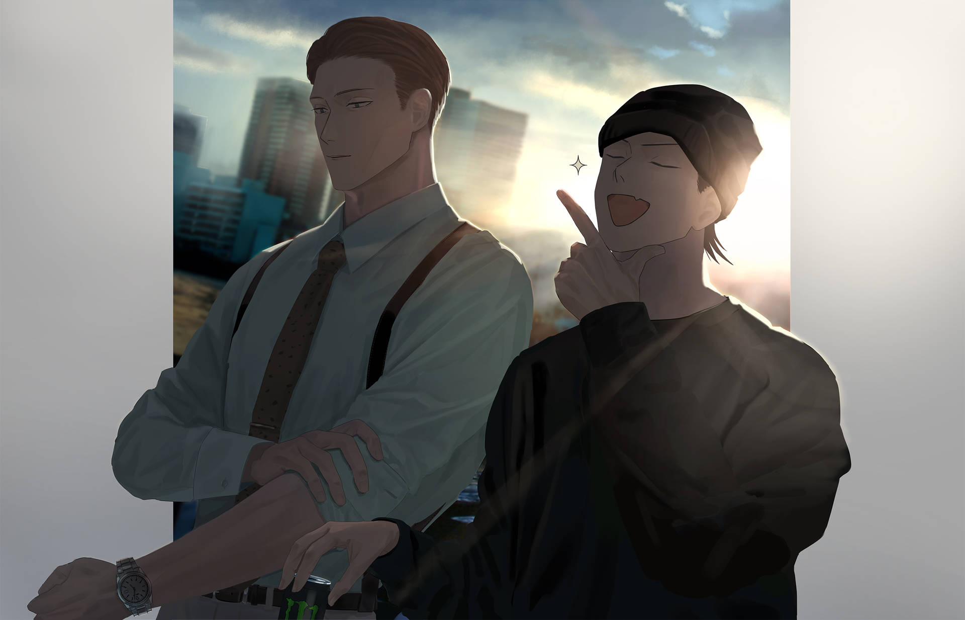 咒術迴戰 4K 桌布 壁紙 — 兩個動漫男子站在夕陽下的城市天際線前，一個冷笑，另一個笑著將手指放在唇邊。