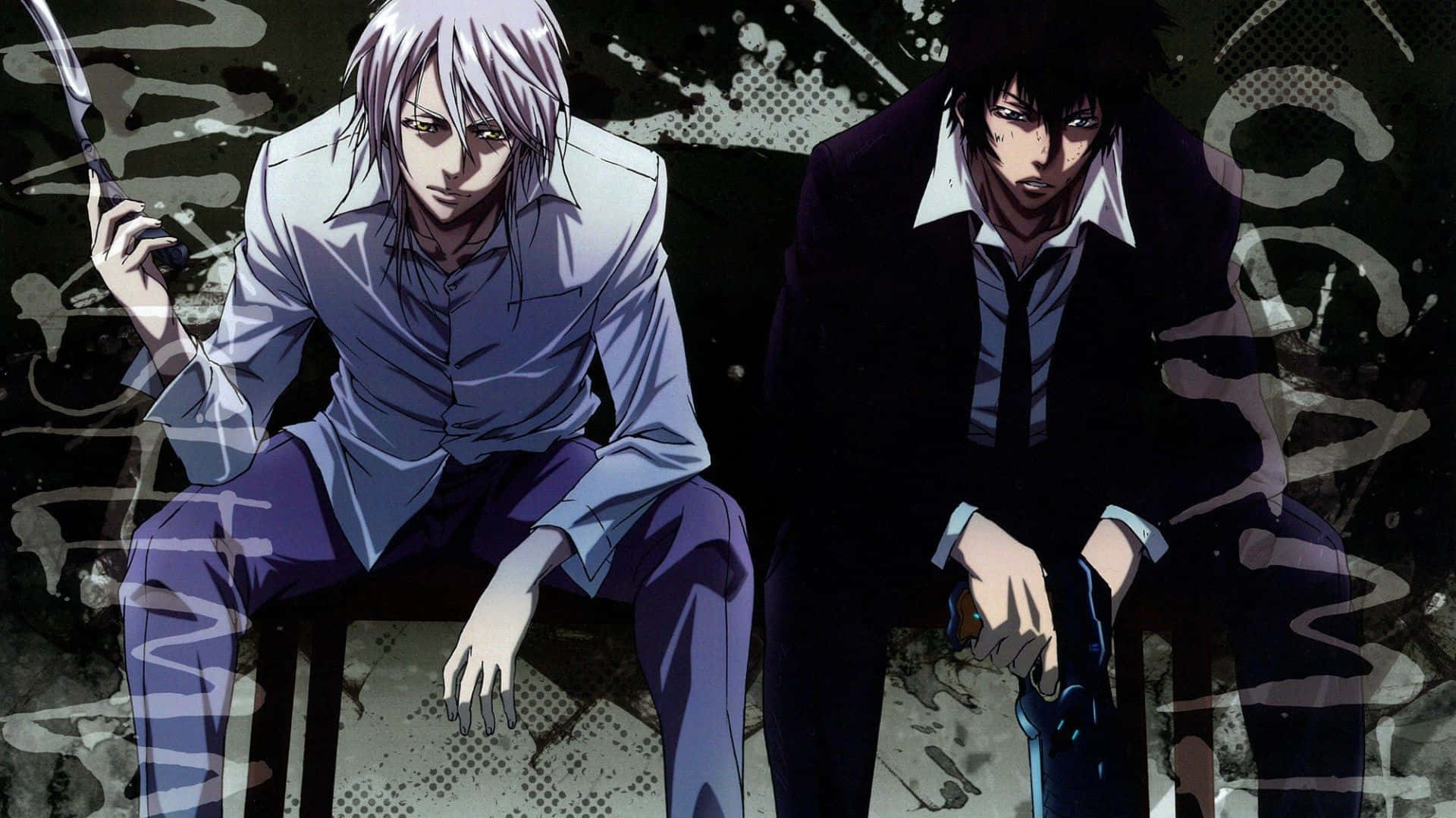 Shinya Kogami 桌布 壁紙 — 兩個動漫男子緊張地坐著，手持武器，背景是粗糙的塗鴉。