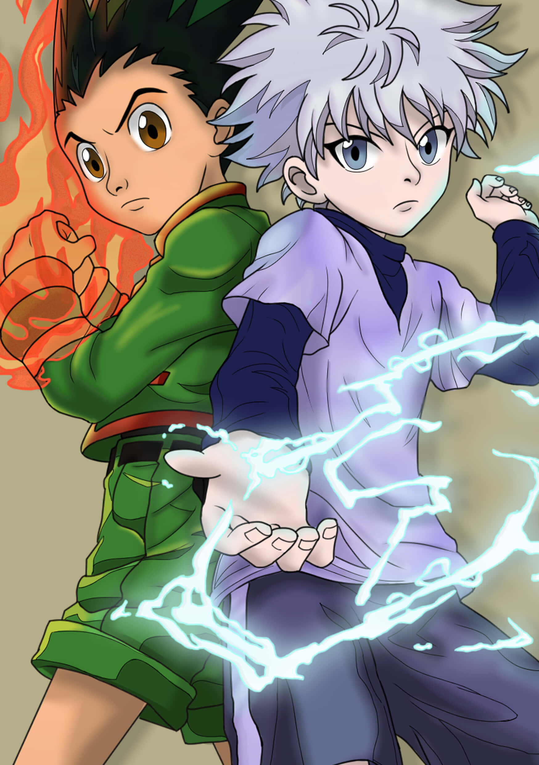 奇犽 桌布 壁紙 — 兩個動漫男孩，一個帶有火焰光環，另一個帶有噼啪作響的閃電，背靠背擺出動態戰鬥姿勢。