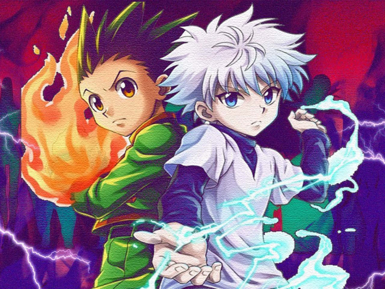 奇犽 桌布 壁紙 — 兩個動漫男孩，一個帶有火焰光環，另一個帶有電能，背靠背站在深紫色暴風雨背景前。