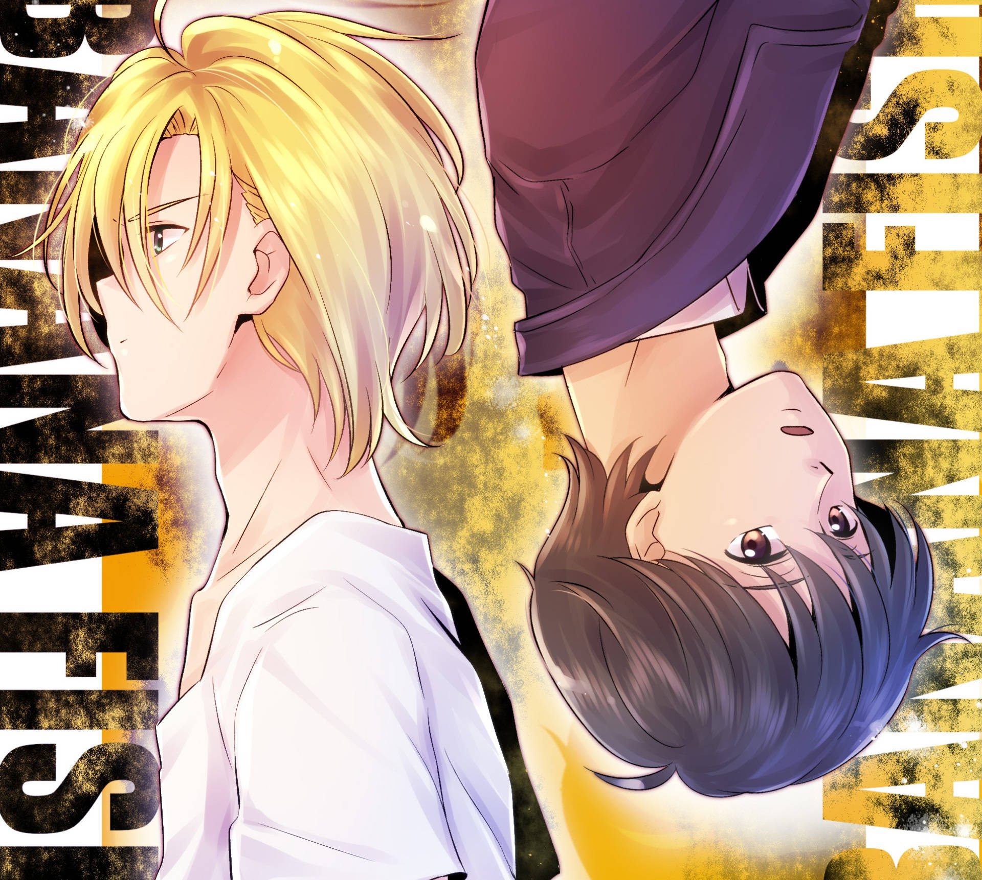 Banana Fish 桌布 壁紙 — 兩個動漫男孩，一個直立，一個倒立，在金色紋理背景上，帶有粗體文字。