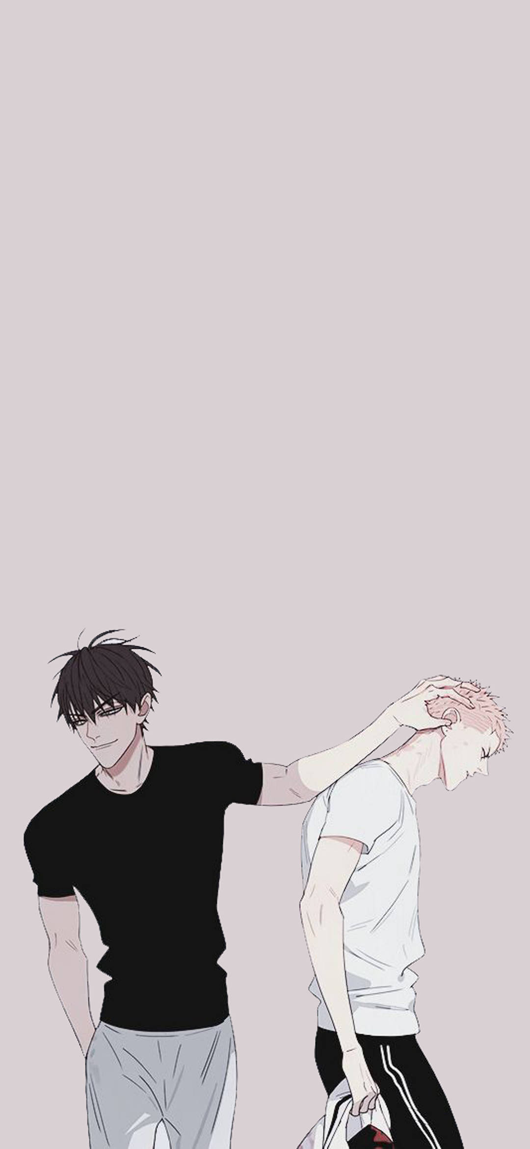19 Days 桌布 壁紙 — 兩個動漫男孩，一個穿著黑色襯衫輕輕地捧著另一個穿著白色襯衫的男孩的頭，背景是柔和的粉紅色。