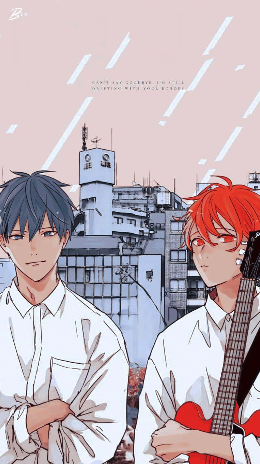 yaoi 桌布 壁紙 — 兩個動漫男孩，一個紅髮，拿著紅色吉他，背景是粉紅色天空帶有白色條紋，下方是城市景觀。