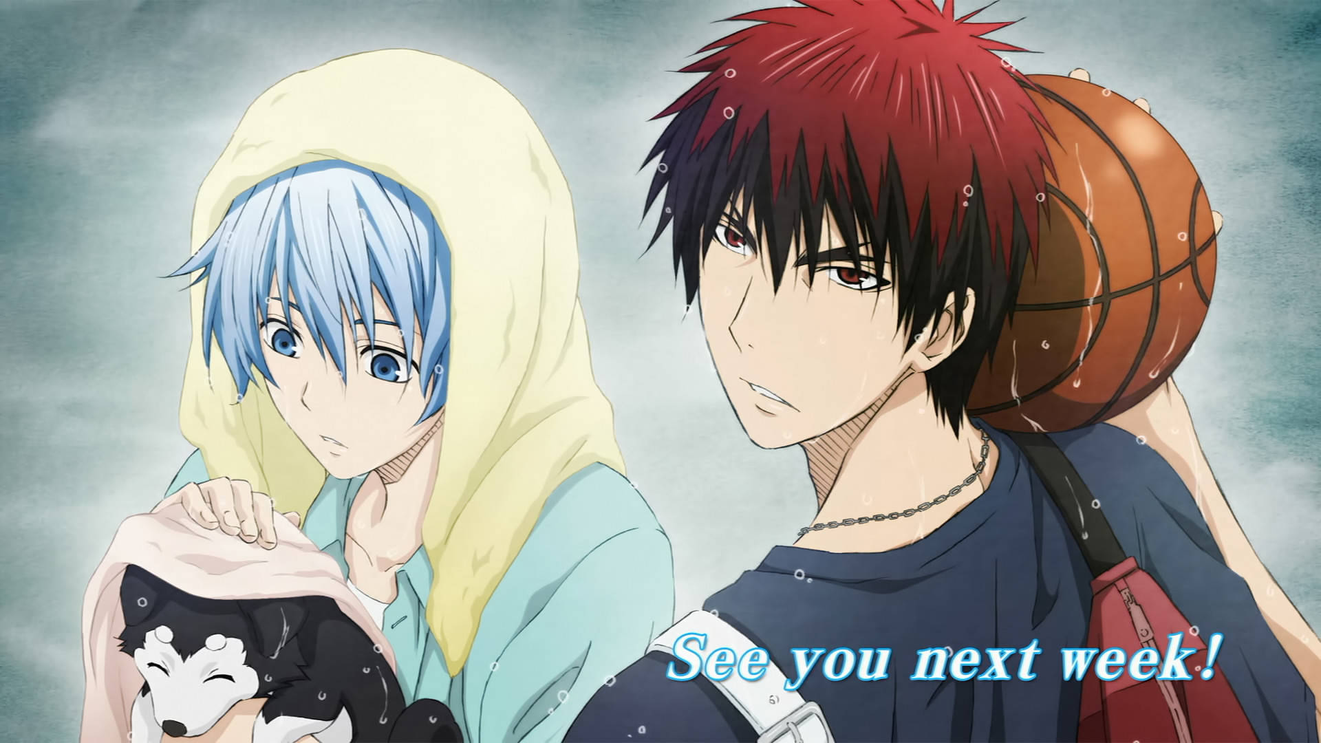 Kuroko 桌布 壁紙 — 兩個動漫男孩，一個藍頭髮抱著狗，另一個紅頭髮拿著籃球，背景是多雲的天空。