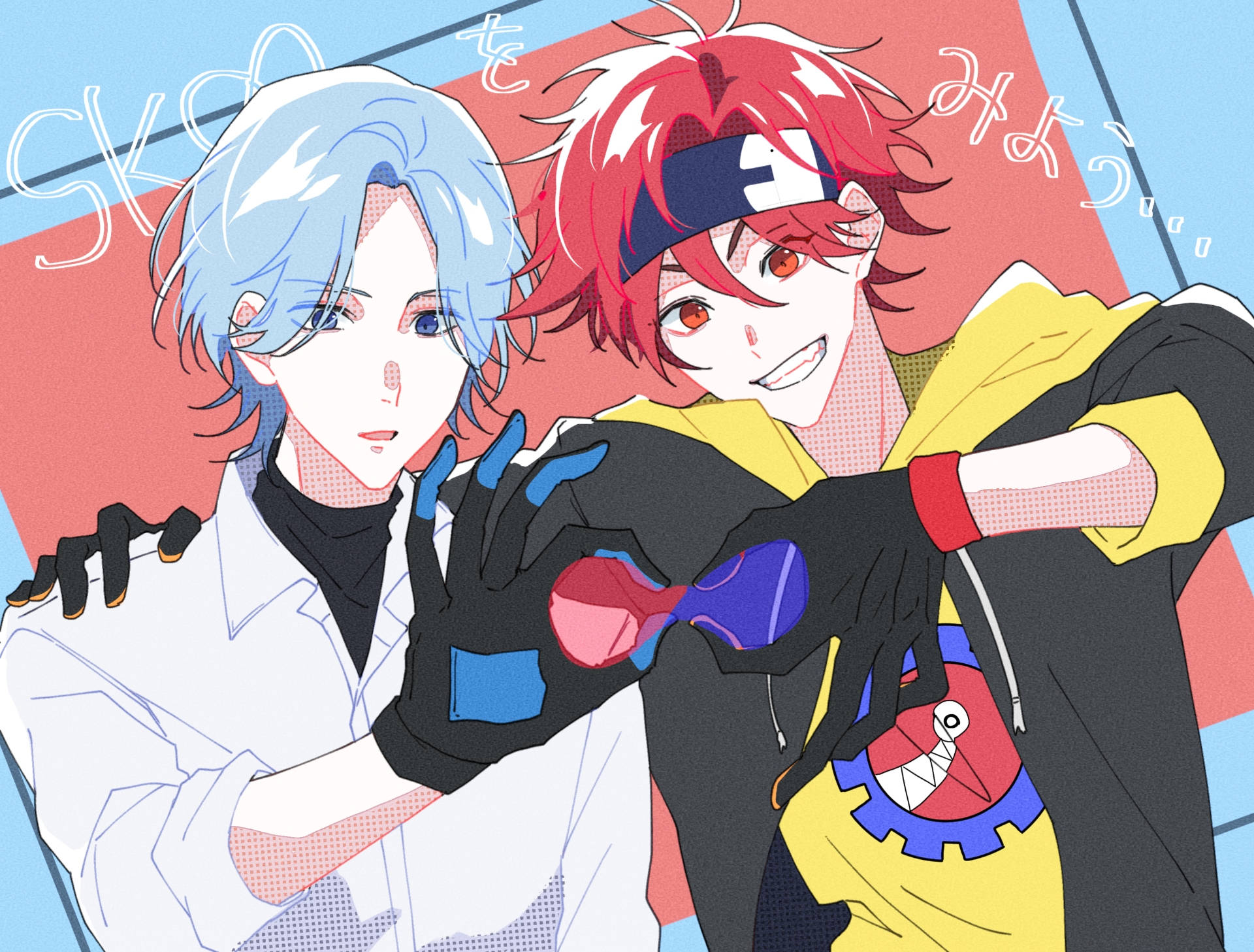 infinity 桌布 壁紙 — 兩個動漫男孩，一個藍髮白外套，另一個紅髮黃連帽衫，拿著護目鏡，背景是色彩繽紛的幾何圖案。
