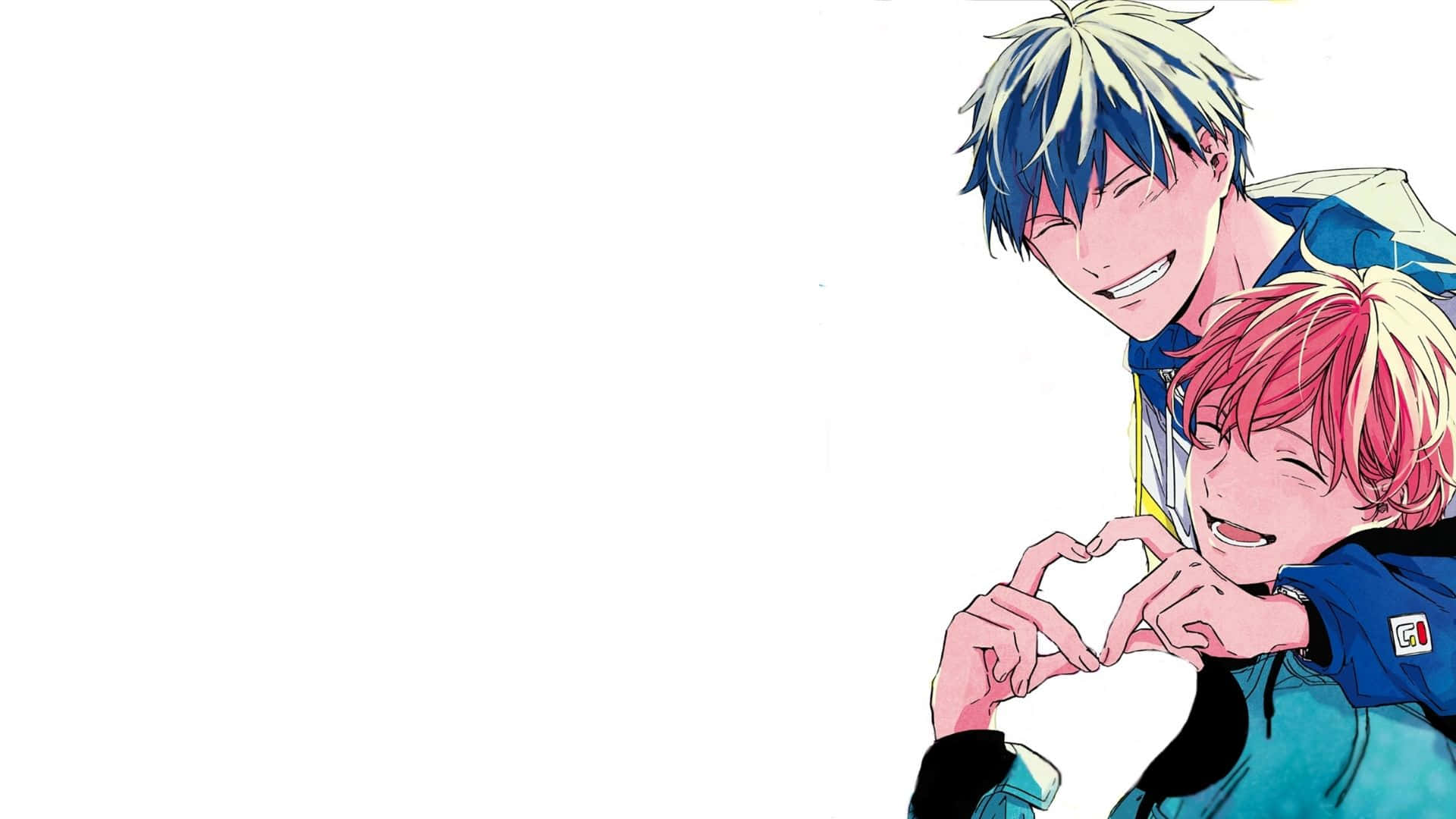 Given Anime 桌布 壁紙 — 兩個動漫男孩，一藍一粉紅頭髮，在純白背景前微笑著用手比出心形。