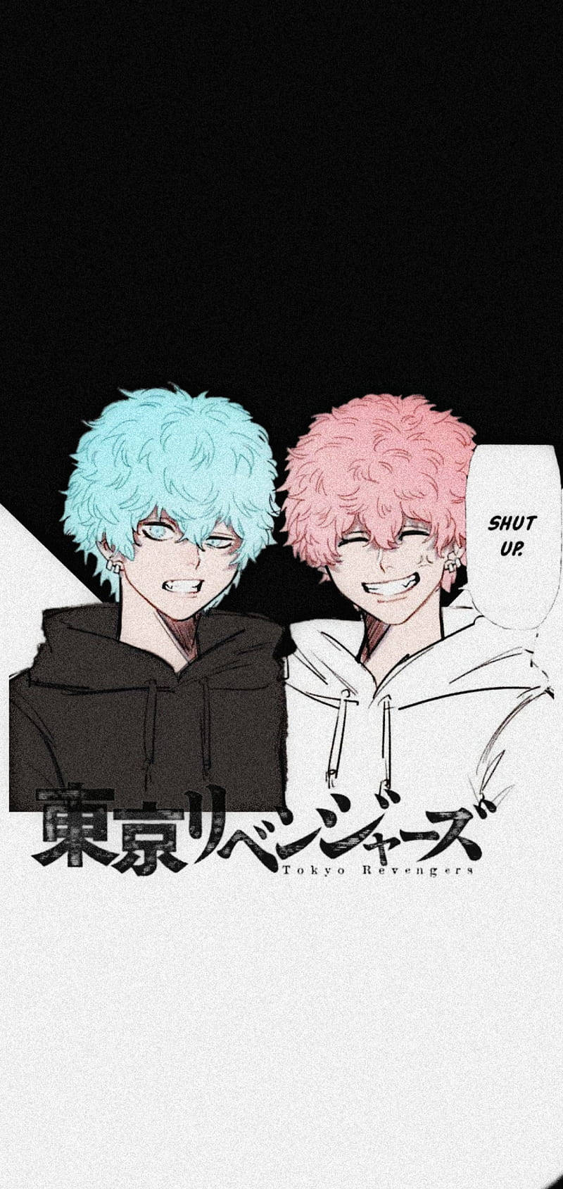 桌布 壁紙 — 兩個動漫男孩，一藍一粉紅頭髮，在黑白背景前冷笑並互相瞪眼。