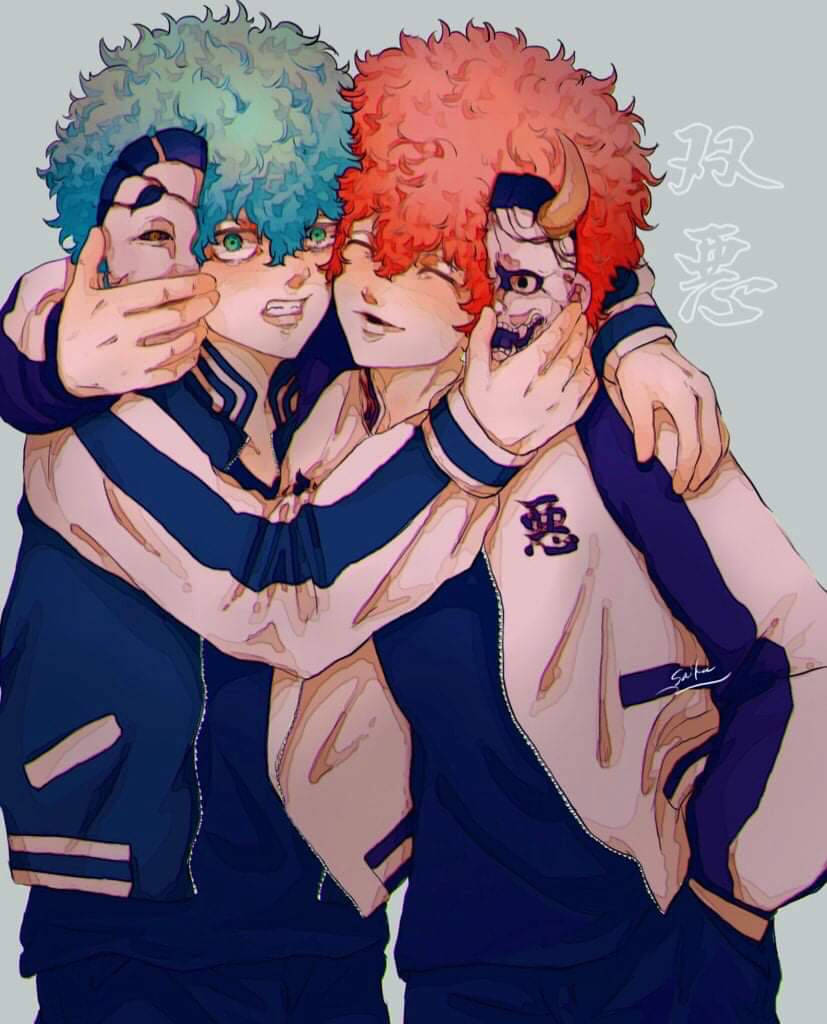 桌布 壁紙 — 兩個動漫男孩，一頭充滿活力的捲髮緊緊擁抱，一個有青綠色頭髮和綠色眼睛，另一個有紅色頭髮和角，兩人都穿著相配的夾克。