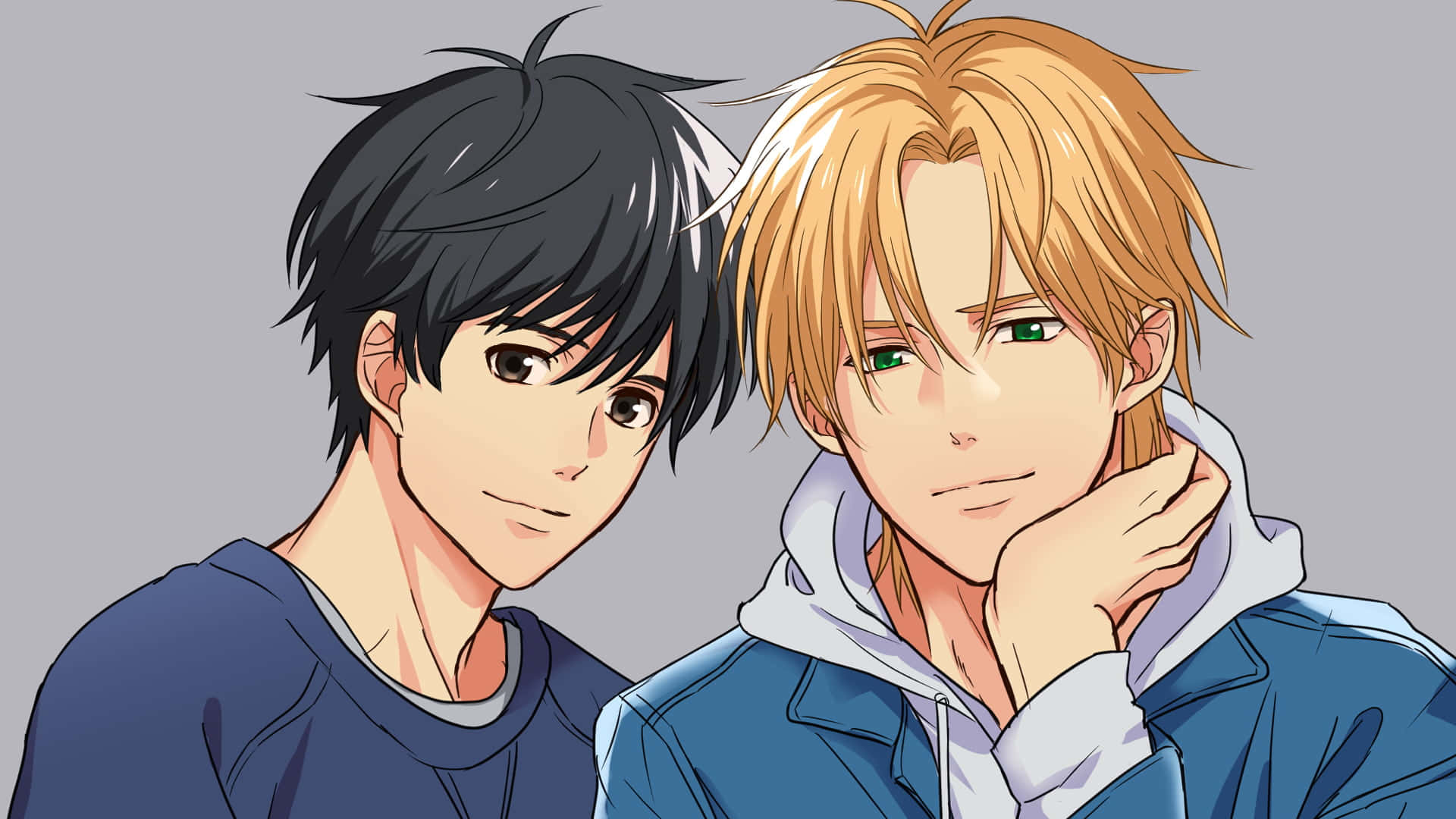 Banana Fish 桌布 壁紙 — 兩個動漫男孩，一黑一金髮，在純灰色背景前平靜地凝視。