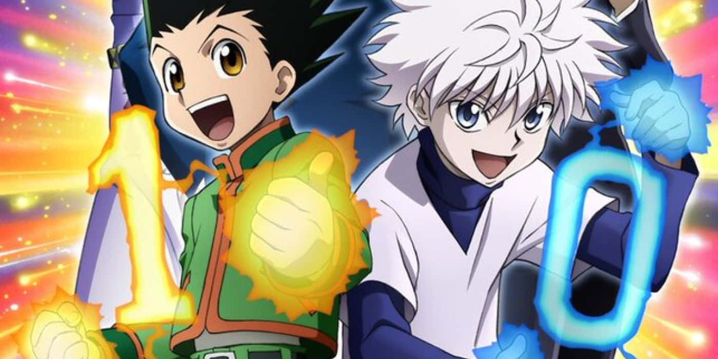Shonen Anime 桌布 壁紙 — 兩個動漫男孩，拳頭發光，帶著大數字一和零，背景是充滿活力的色彩爆炸。