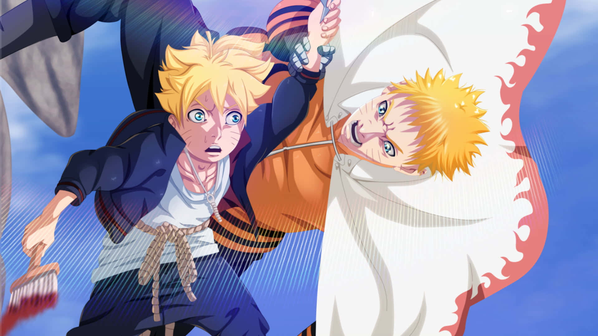 Boruto And Naruto 桌布 壁紙 — 兩個動漫男孩，有著刺刺的金色頭髮，在帶有動態線條的明亮藍天下動態碰撞。