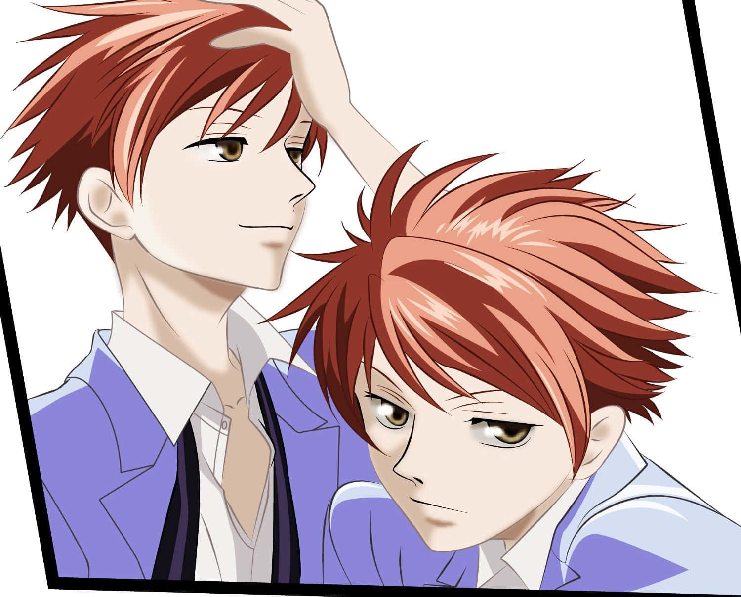 Kaoru Hitachiin 桌布 壁紙 — 兩個動漫男孩，有著尖刺的紅髮，穿著相配的紫色外套，在純白色背景前分享一個溫柔的時刻。
