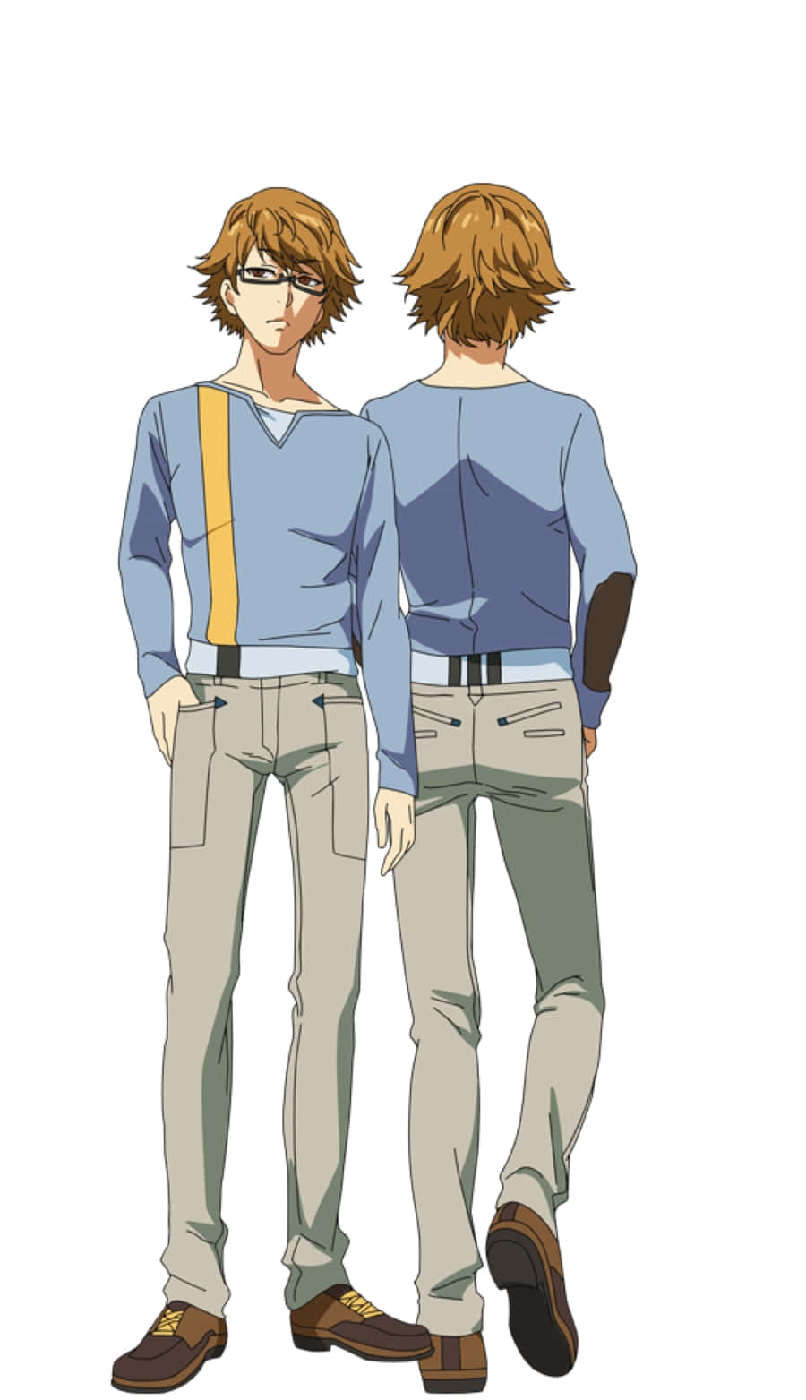 Nishiki Nishio 桌布 壁紙 — 兩個動漫男孩，棕色頭髮，一個面向正面，戴眼鏡，穿藍色襯衫配黃色帶子，另一個背對，穿著相配的服裝。