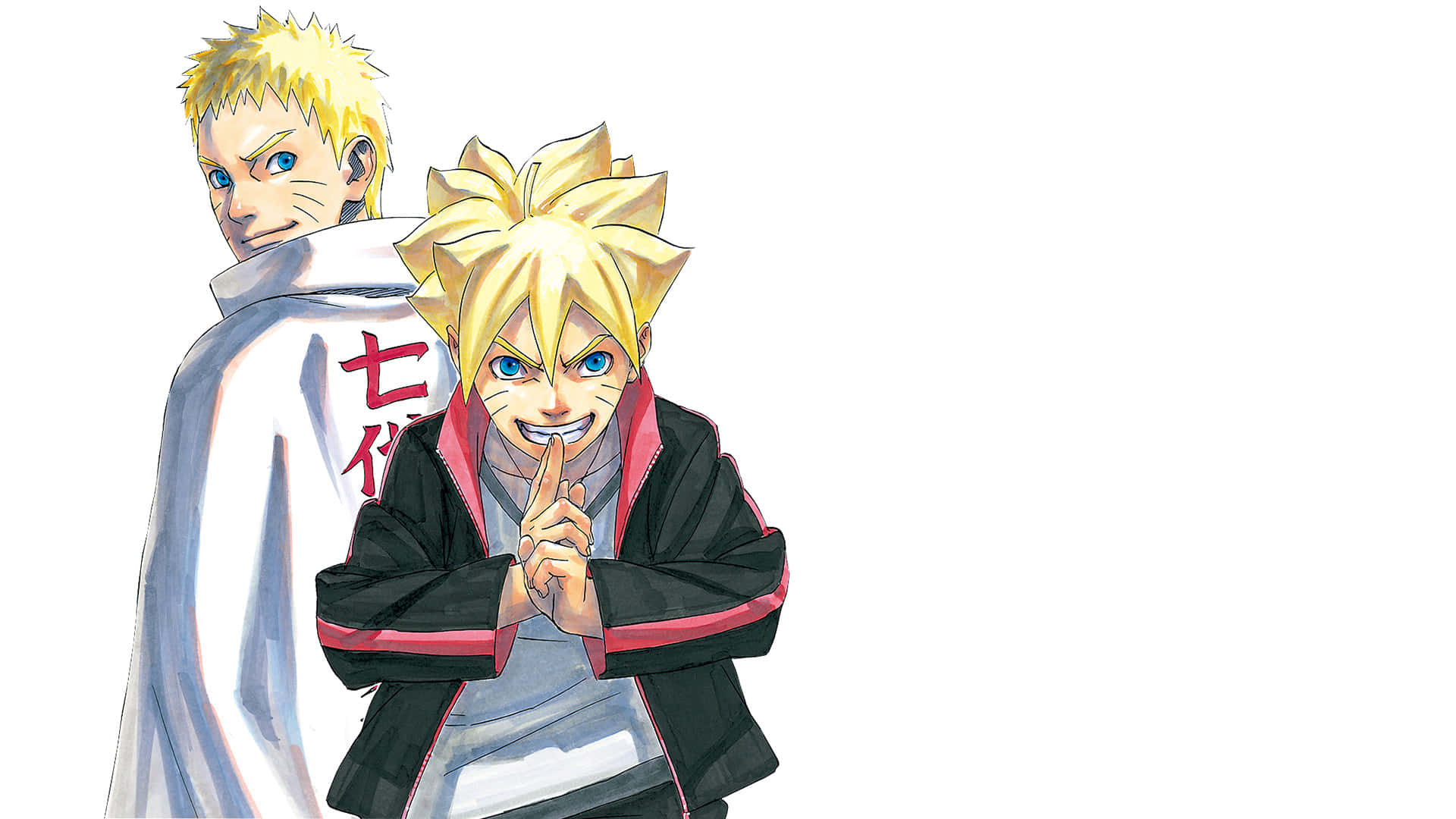 Boruto Naruto Next Generations 桌布 壁紙 — 兩個動漫男孩，金色尖刺頭髮和藍色眼睛，背對背站立，一個穿著帶紅色漢字的白色夾克，另一個穿著帶粉色飾邊的黑色夾克，做出噤聲手勢。