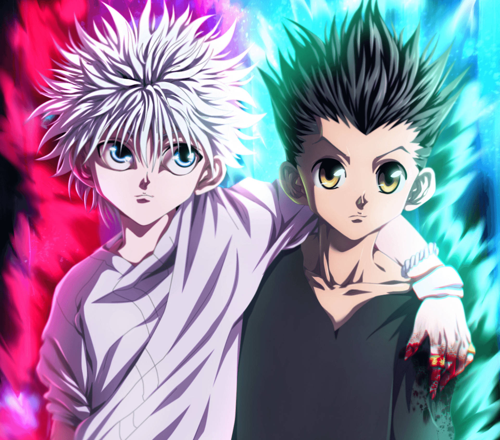 Gon And Killua 桌布 壁紙 — 兩個動漫男孩，頭髮尖刺，肩並肩站在充滿活力的粉紅色和青色能量背景前。