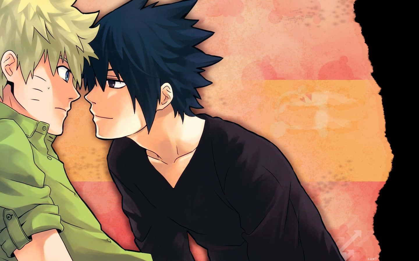 動漫 桌布 壁紙 — 兩個動漫男孩，頭髮尖尖，靠在溫暖有紋理的背景前面。