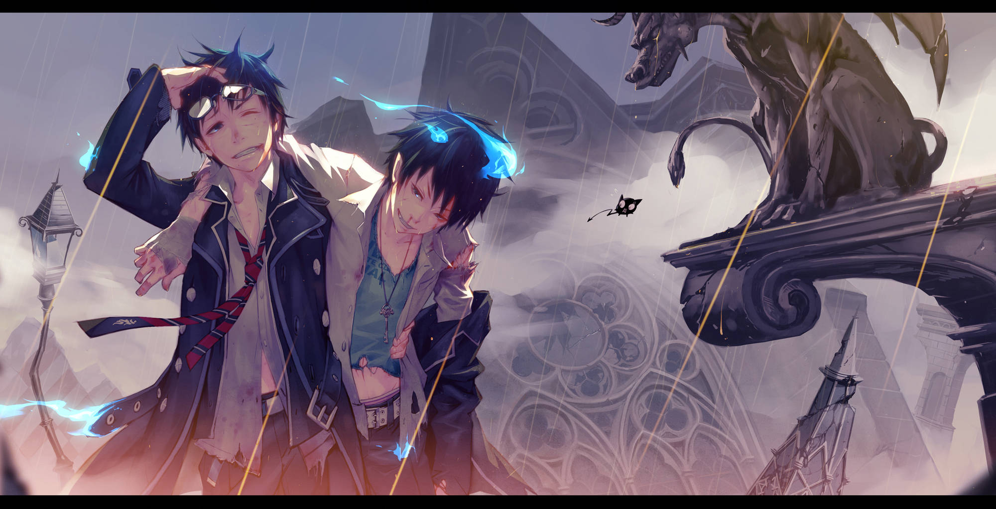 Blue Exorcist 桌布 壁紙 — 兩個動漫男孩，頭髮發出藍光，站在雨中，旁邊是一座哥德式雕像，雕像上有飛翔的貓剪影，背景是霧濛濛的大教堂。