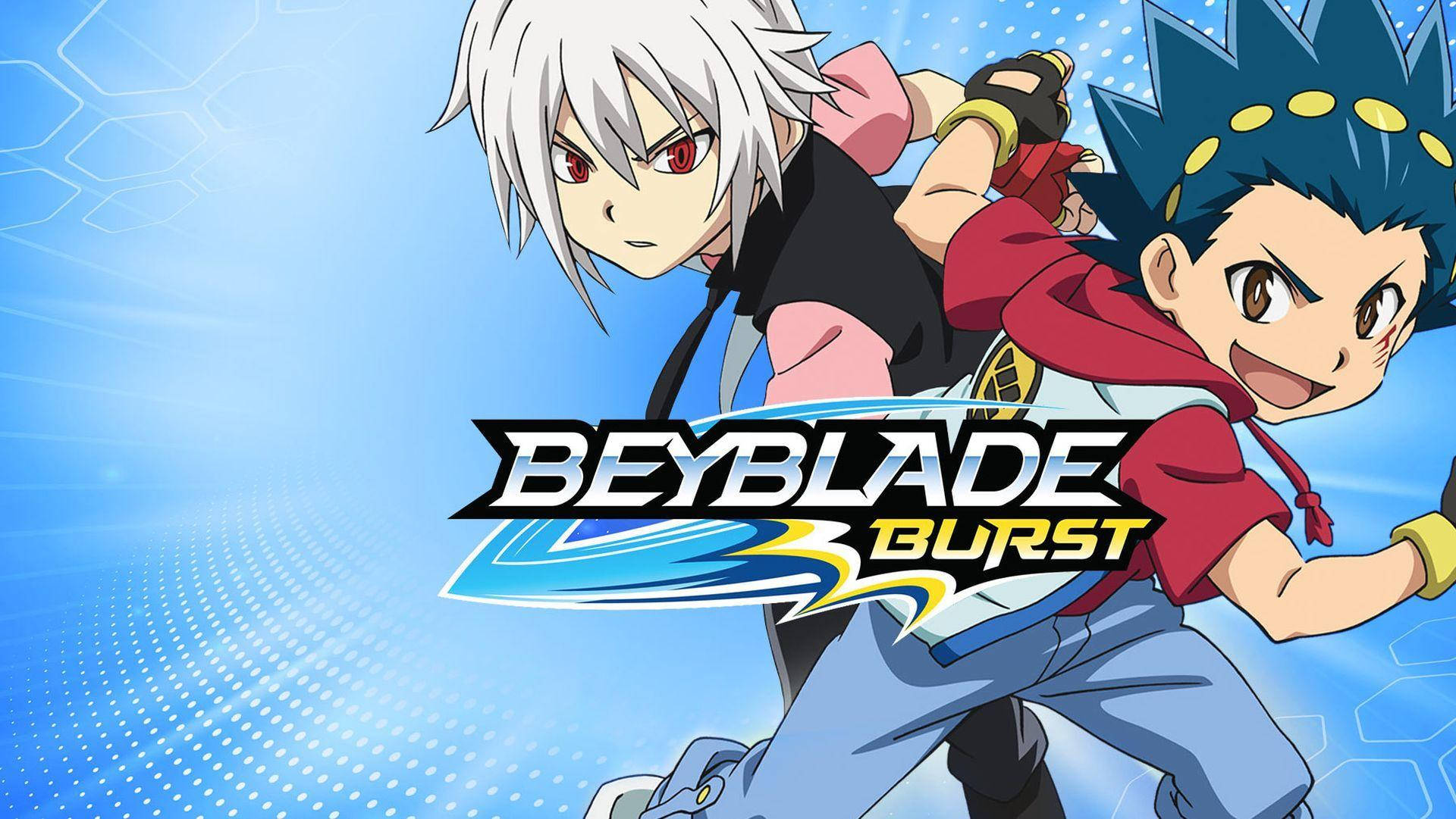 Burst 桌布 壁紙 — 兩個動漫男孩以動態姿勢呈現，帶有Beyblade Burst標誌，背景為藍色科技主題。