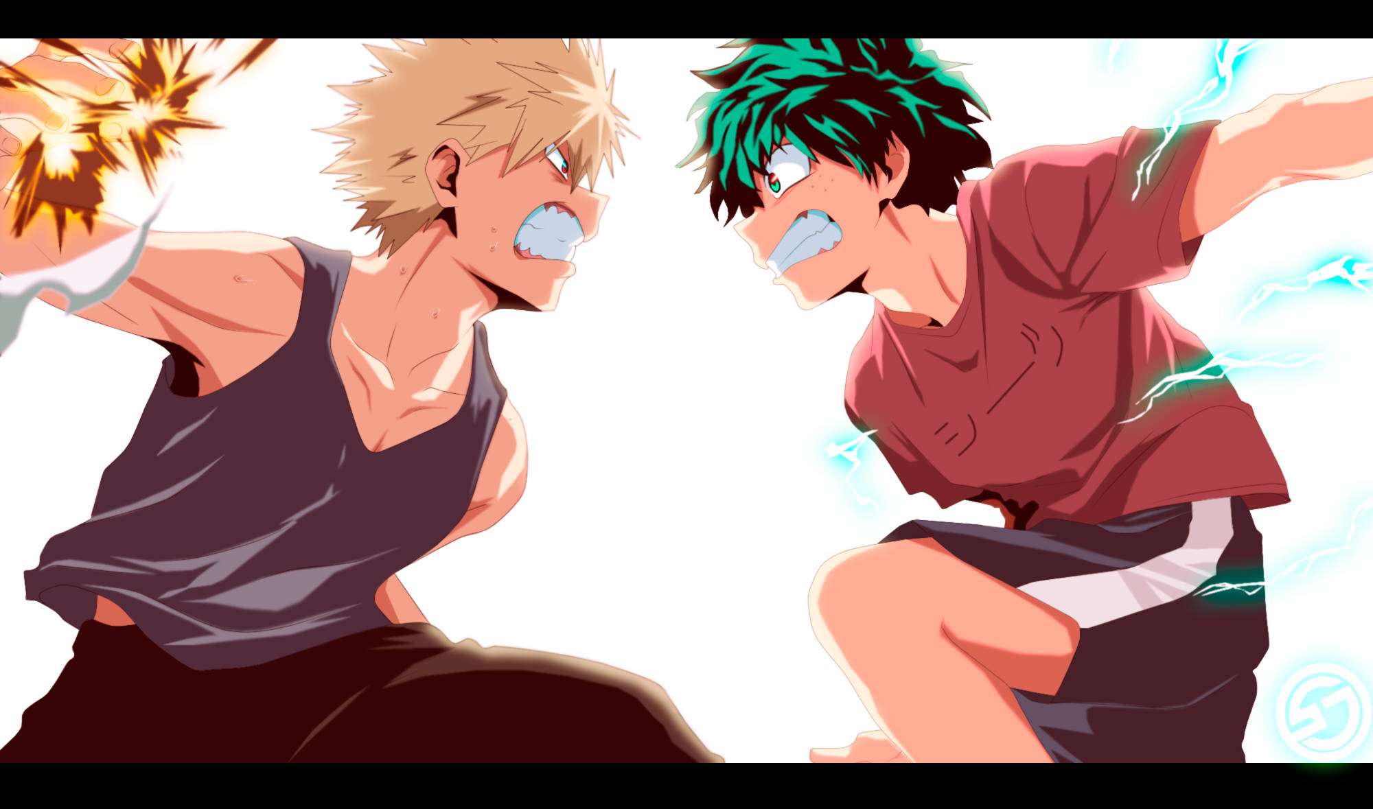 Bakugo 桌布 壁紙 — 兩個動漫男孩以動態姿勢碰撞，一個釋放火焰能量，另一個在純白背景上噼啪作響的電力。