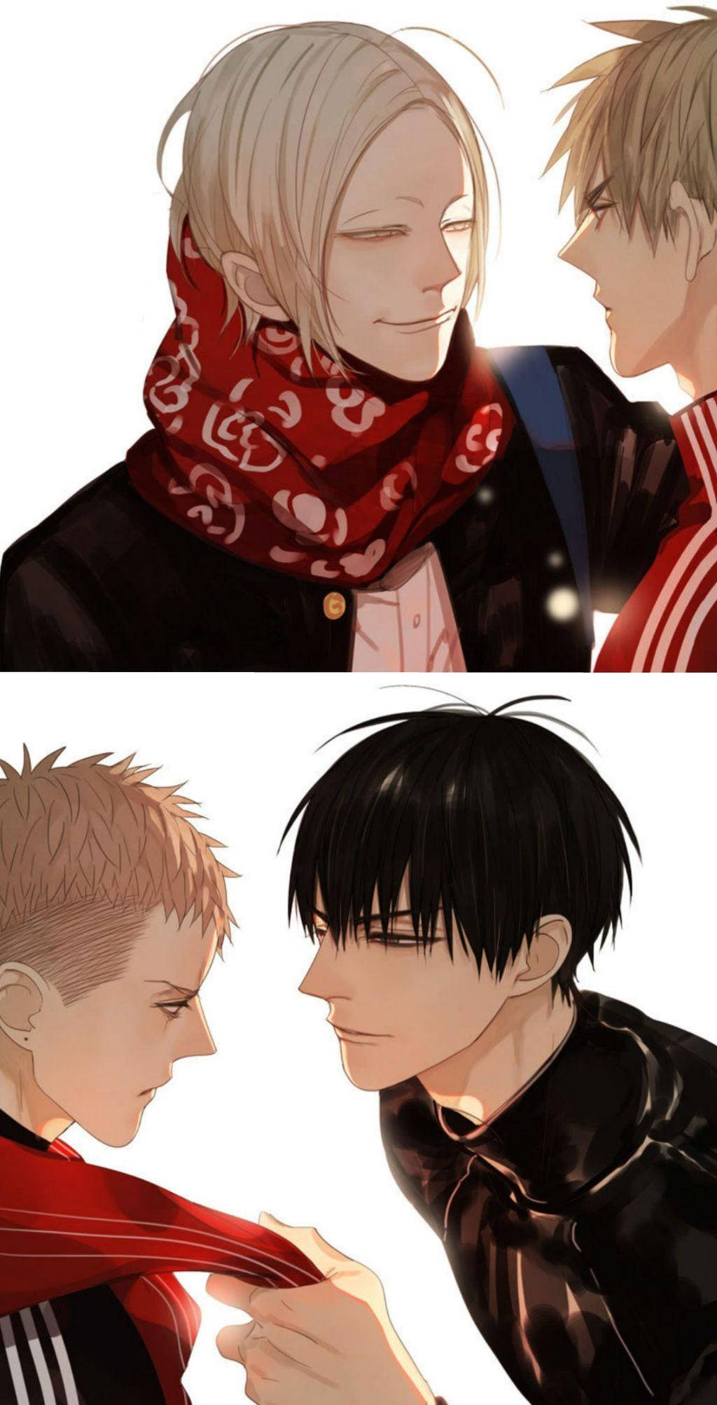 19 Days 桌布 壁紙 — 兩個動漫男孩以親密姿勢靠近，一個戴紅圍巾，另一個穿黑外套，分享溫柔時刻。