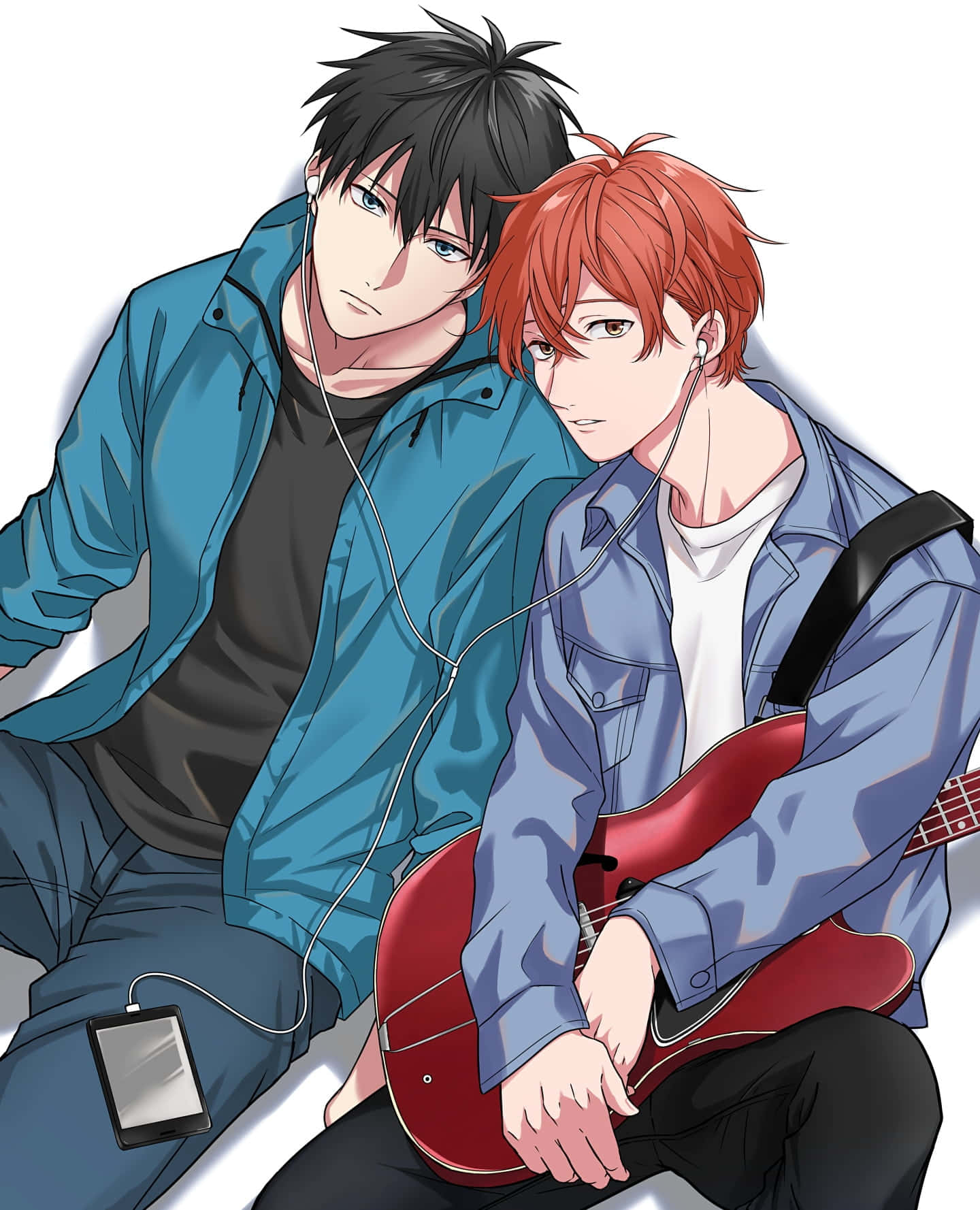 給定 桌布 壁紙 — 兩個動漫男孩共享耳塞，其中一個拿著紅色電吉他，背景為純白色。