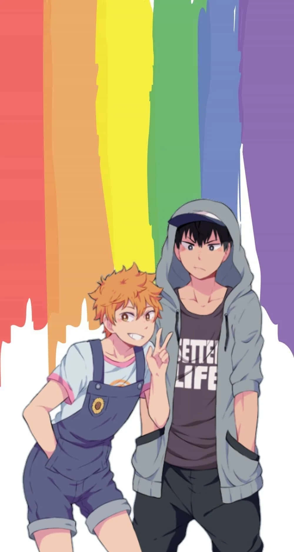 桌布 壁紙 — 兩個動漫男孩在充滿活力的彩虹背景下愉快地擺姿勢，其中一個做出和平手勢。