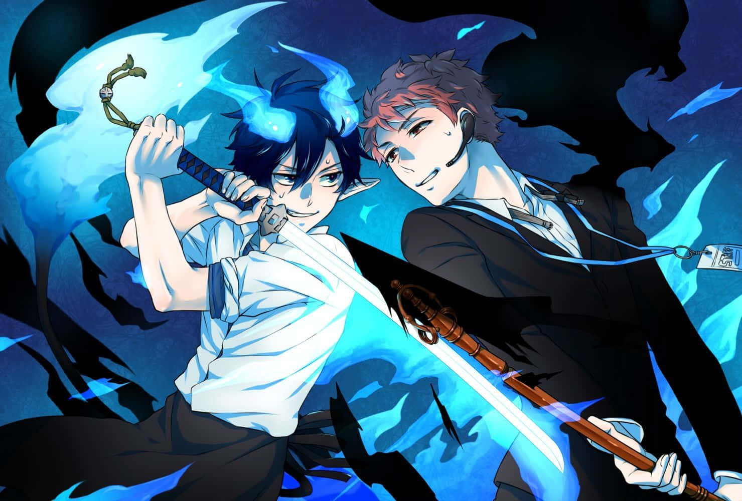 Blue Exorcist 桌布 壁紙 — 兩個動漫男孩在旋轉的藍色能量中交鋒，上演一場戲劇性的夜間戰鬥場景。