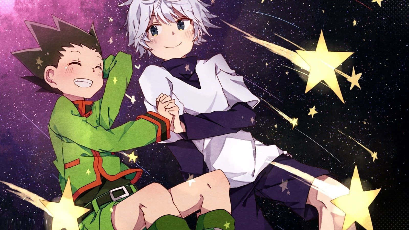 奇犽 桌布 壁紙 — 兩個動漫男孩在星光燦爛的宇宙背景下快樂地擁抱，伴隨著閃爍的流星。