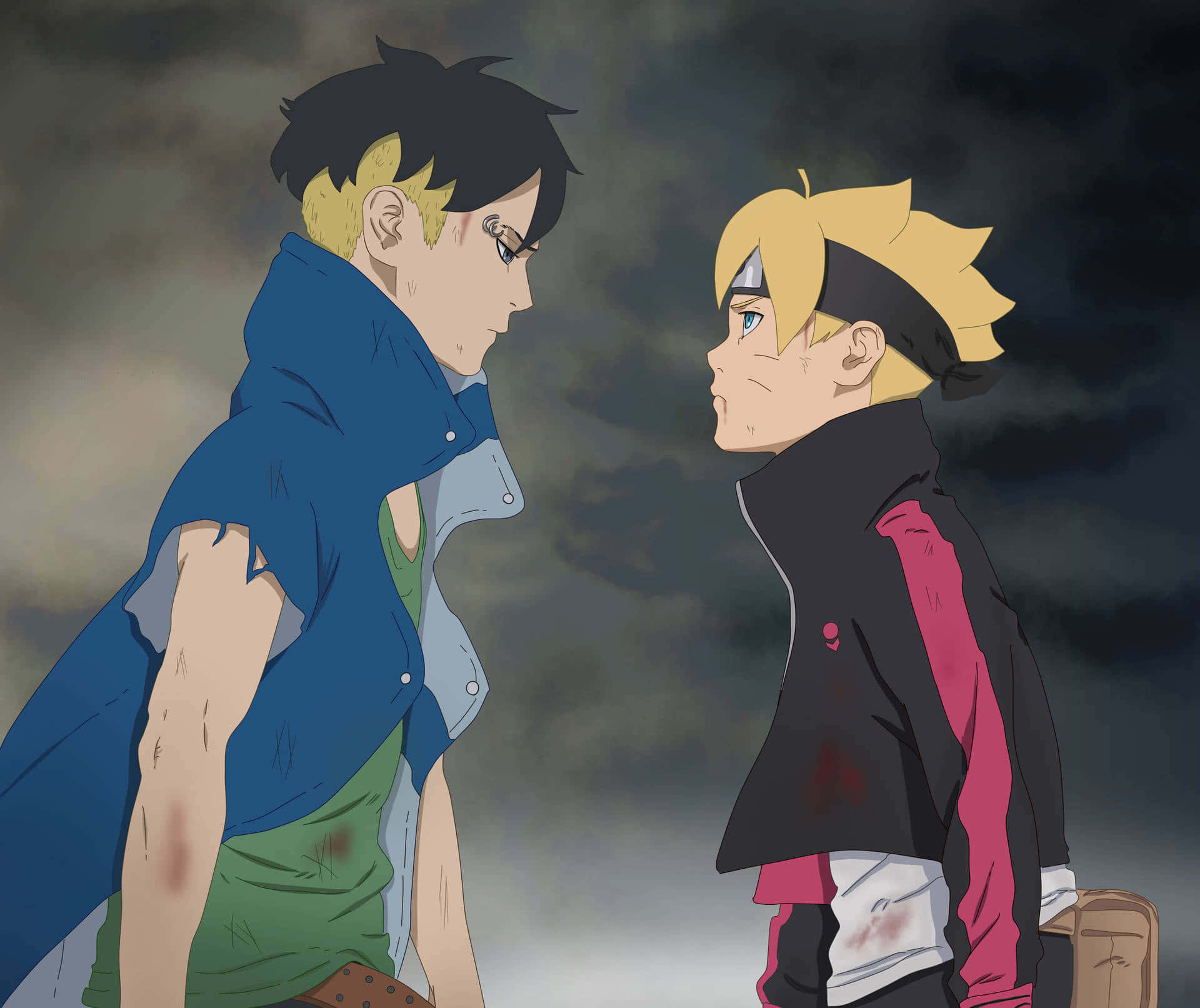 Boruto Naruto Next Generations 桌布 壁紙 — 兩個動漫男孩在暴風雨的天空下對峙，衣衫破爛，表情堅定。
