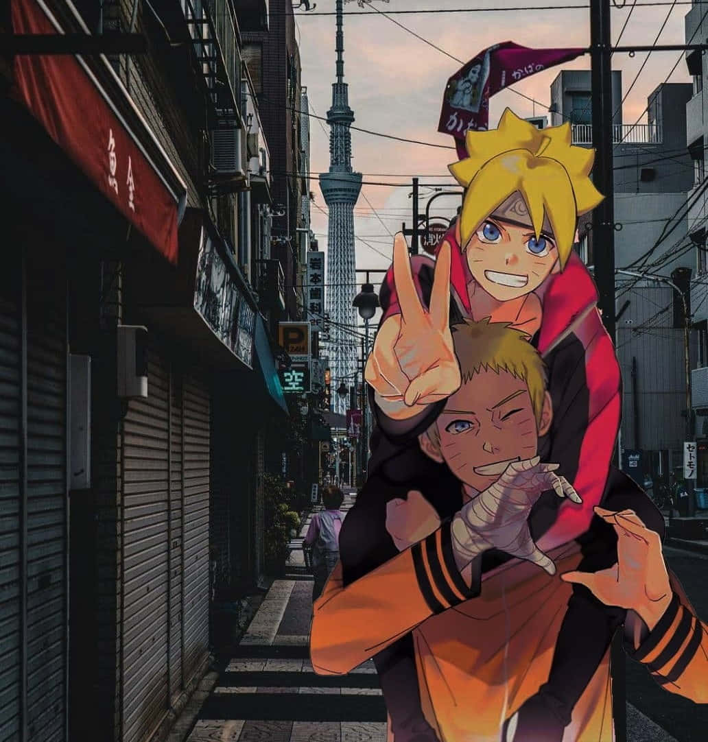 Boruto And Naruto 桌布 壁紙 — 兩個動漫男孩在東京街頭愉快地擺姿勢，背景是夕陽下高聳的東京晴空塔。