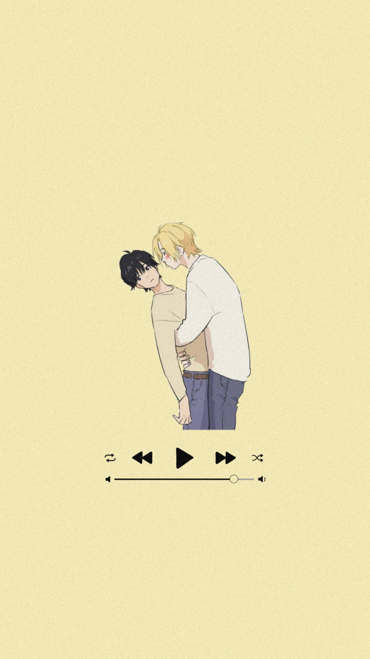 Banana Fish 桌布 壁紙 — 兩個動漫男孩在柔和的黃色背景上溫柔地擁抱，下方有一個音樂播放器介面。