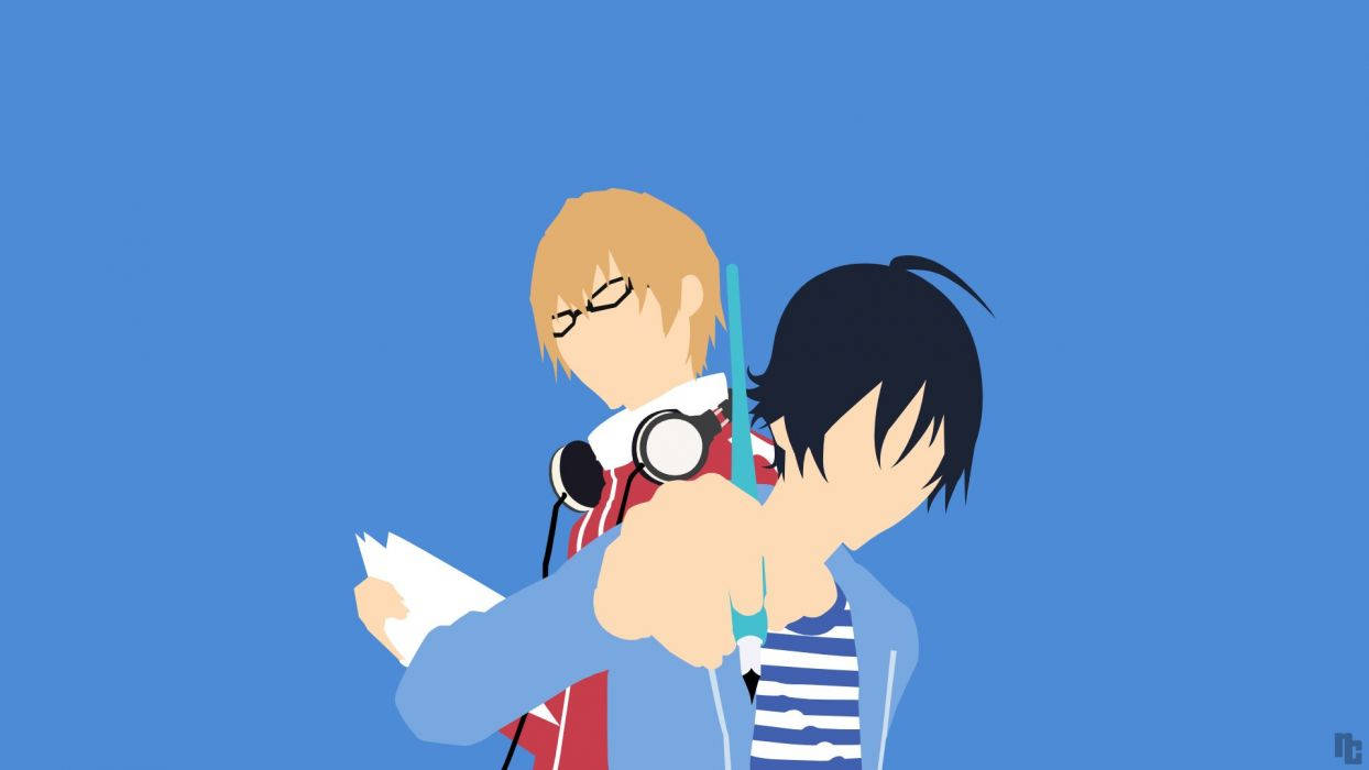 Bakuman 桌布 壁紙 — 兩個動漫男孩在極簡藍色背景上，一個拿著相機，另一個拿著紙。