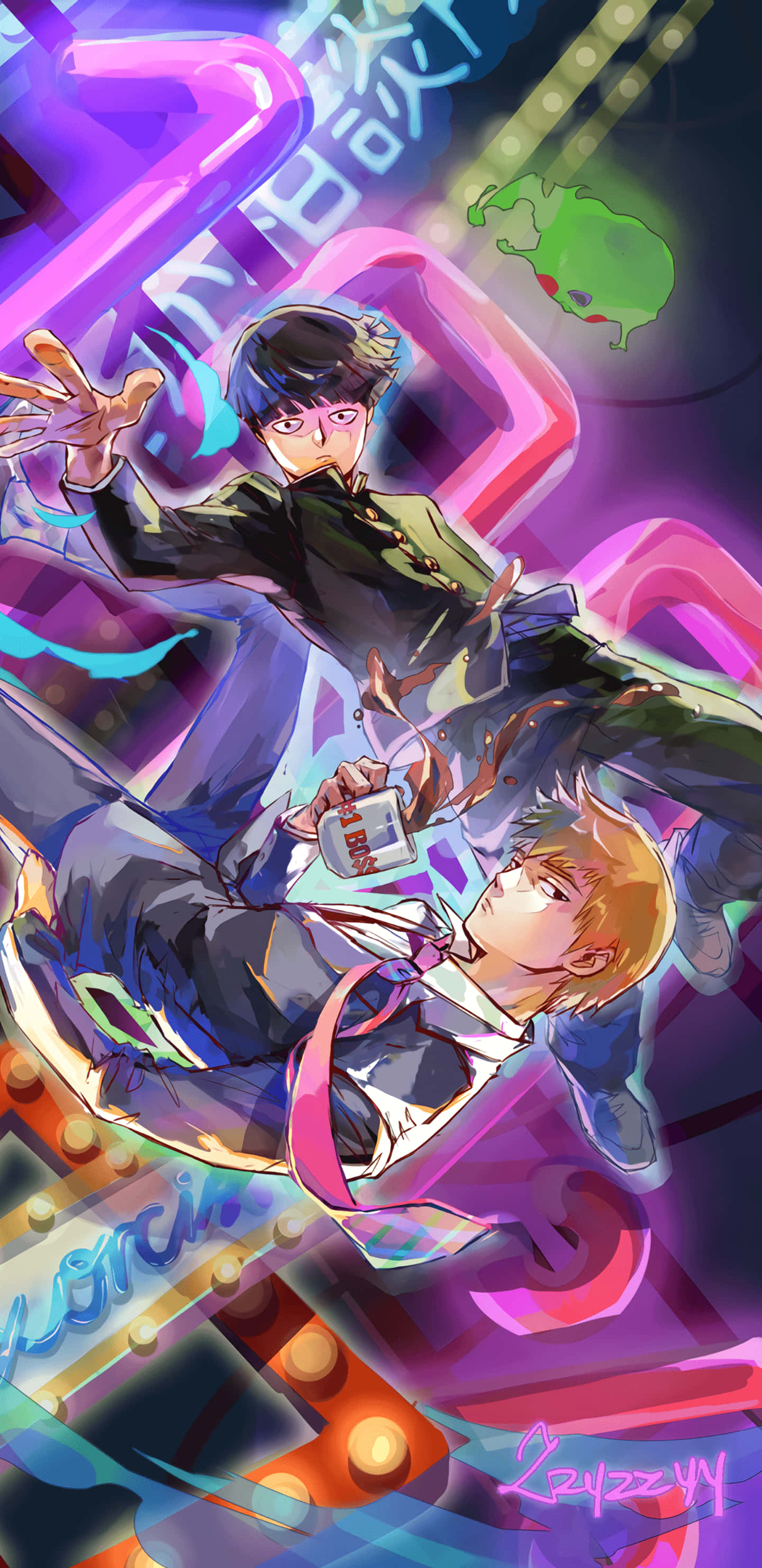 Mob Psycho iPhone 桌布 壁紙 — 兩個動漫男孩在發光的霓虹燈招牌和充滿活力的抽象形狀中以動態姿勢呈現，風格為賽博龐克。