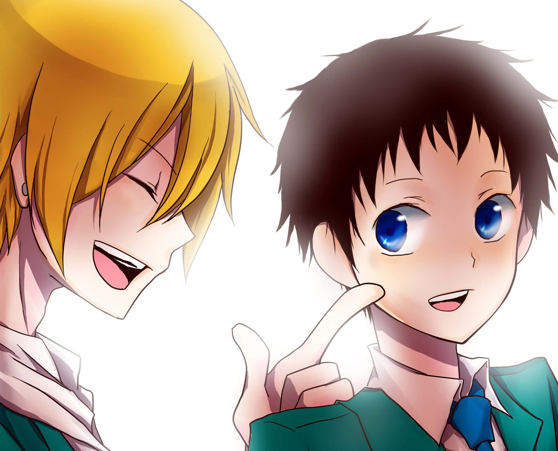 Mikado Ryuugamine 桌布 壁紙 — 兩個動漫男孩在純白背景上分享一個嬉戲的時刻，露出燦爛的笑容，其中一個輕輕觸碰另一個的臉頰。