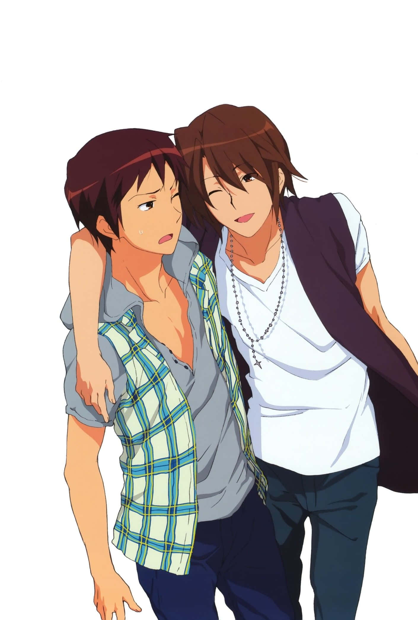 Itsuki Koizumi 桌布 壁紙 — 兩個動漫男孩在純白背景前溫暖擁抱。一個穿著格子衫的男孩表情驚訝，另一個則溫柔微笑。