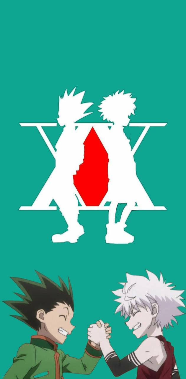 Gon And Killua 桌布 壁紙 — 兩個動漫男孩在青綠色背景上，於一個帶有紅色心形的白色風格標誌下握手。