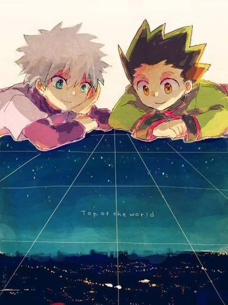 Hunter X Hunter iPhone 桌布 壁紙 — 兩個動漫男孩從網格上方俯瞰星空夜景城市，並帶有「Top of the world」文字。