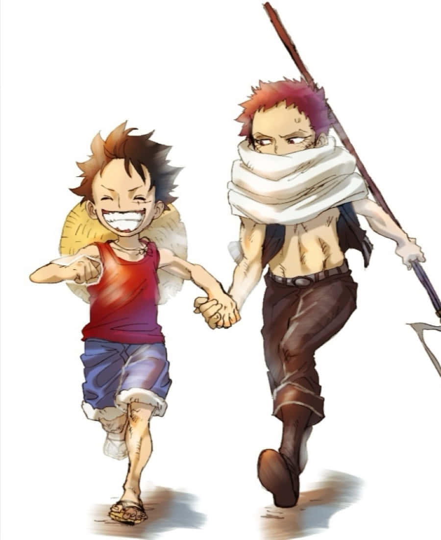 Charlotte Katakuri 桌布 壁紙 — 兩個動漫男孩快樂地手牽手奔跑，一個穿著紅色背心，另一個帶著圍巾和桿子。