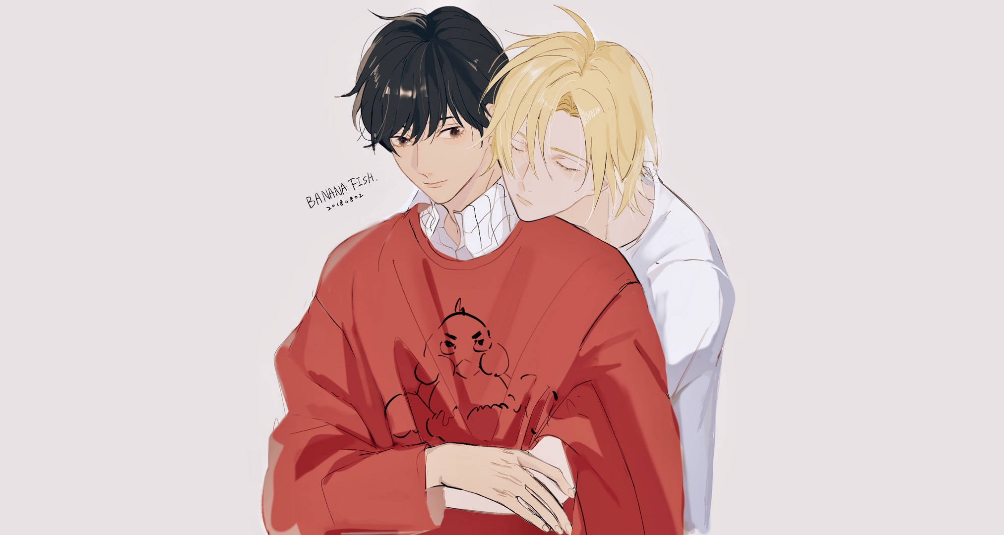 Banana Fish 桌布 壁紙 — 兩個動漫男孩溫暖地擁抱，一個穿紅色毛衣，另一個穿白色襯衫，背景簡單。