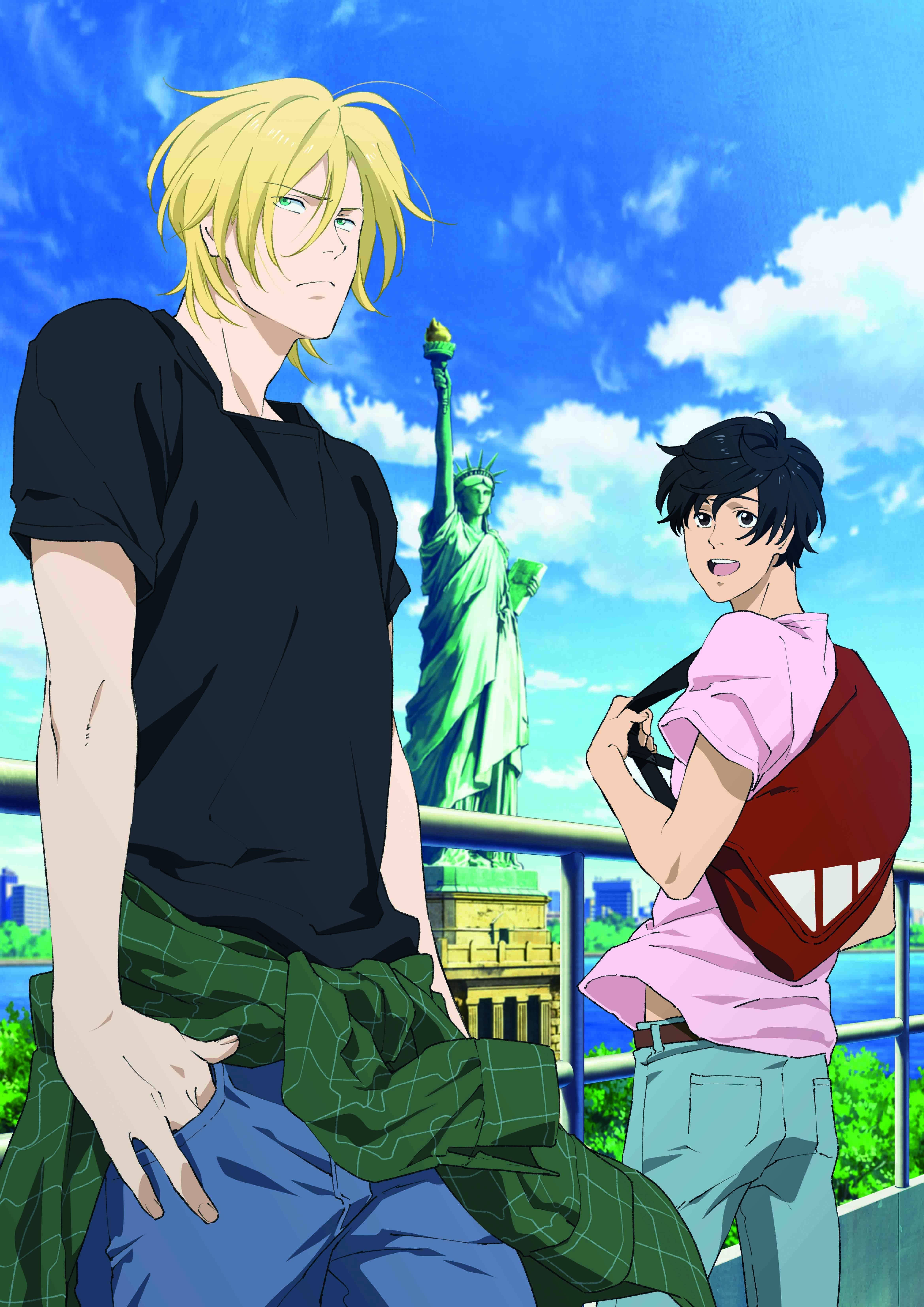 Banana Fish 桌布 壁紙 — 兩個動漫男孩站在紐約屋頂上，背後是自由女神像，天空湛藍。