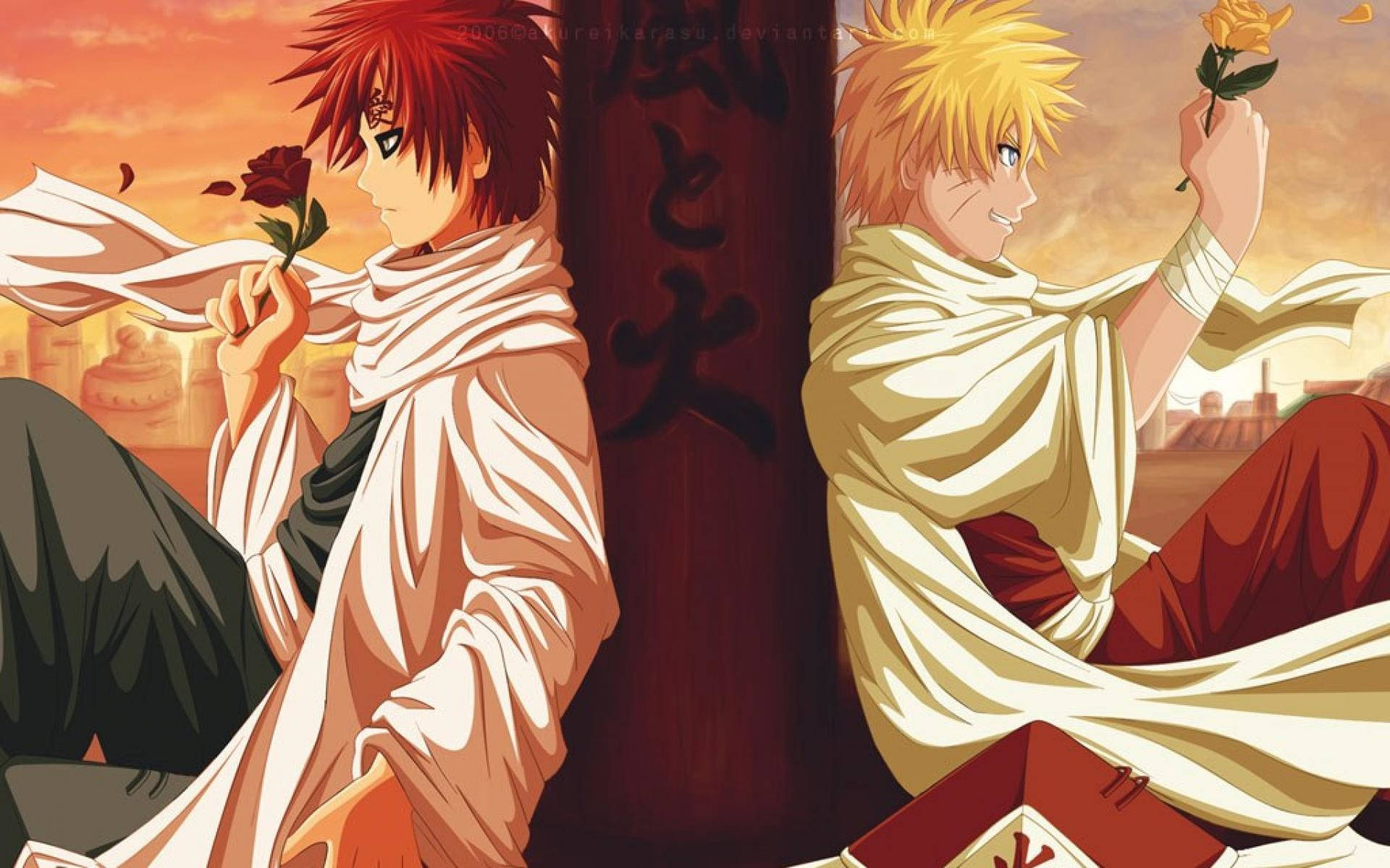 Gaara 桌布 壁紙 — 兩個動漫男孩背對背坐著，手持玫瑰，背景是溫暖的日落天空，柱子上有日文文字。