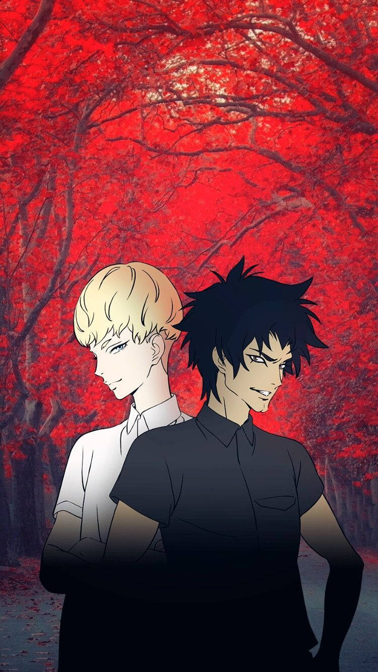 crybaby 桌布 壁紙 — 兩個動漫男孩背靠背站在鮮紅秋樹的樹冠下，光線戲劇性。